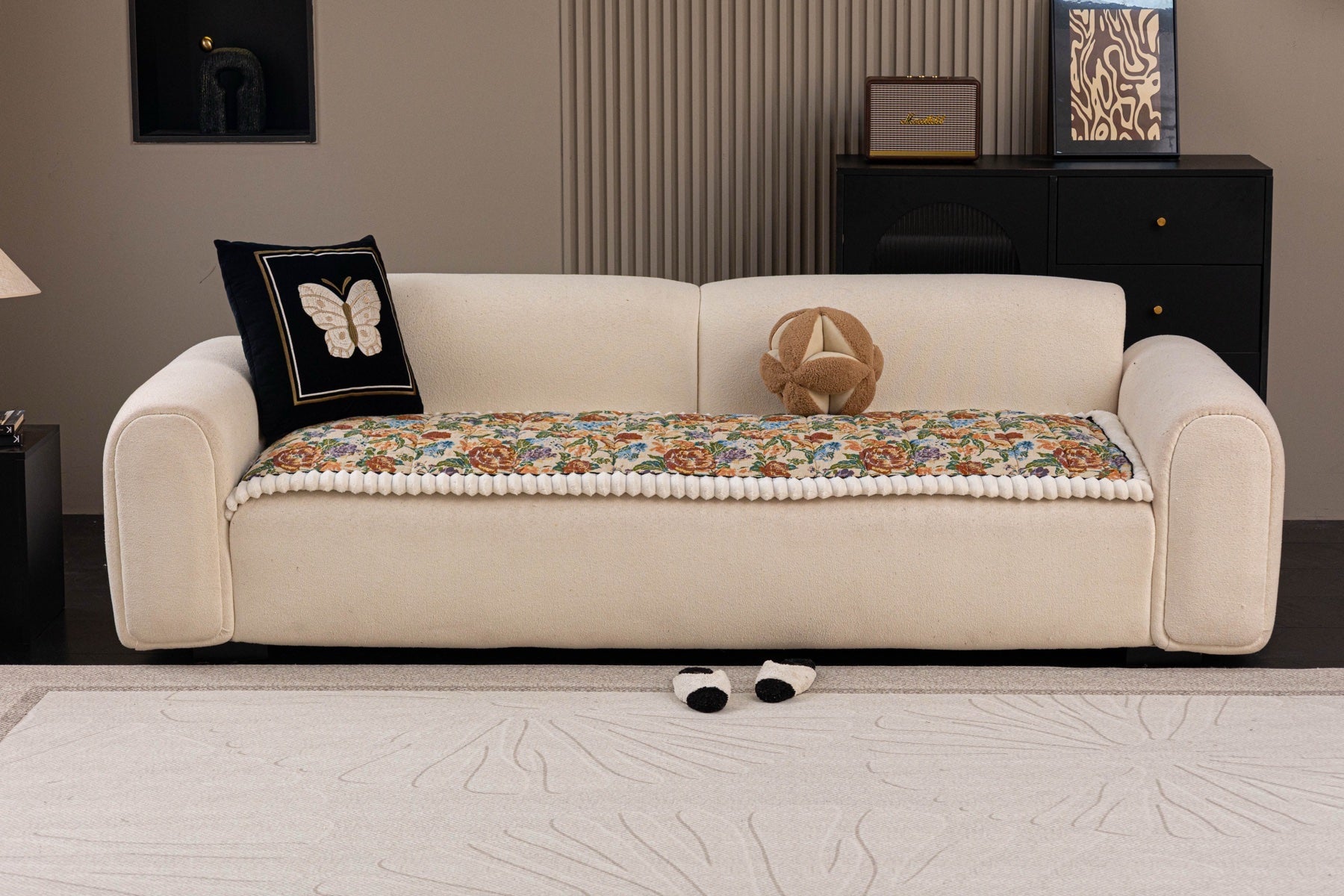 Decor Cedar Celeste Floral Jacquard Sofa Seat Cover in Ivory Garden Floral - front sofa fit view for floral sofa seat covers in United States