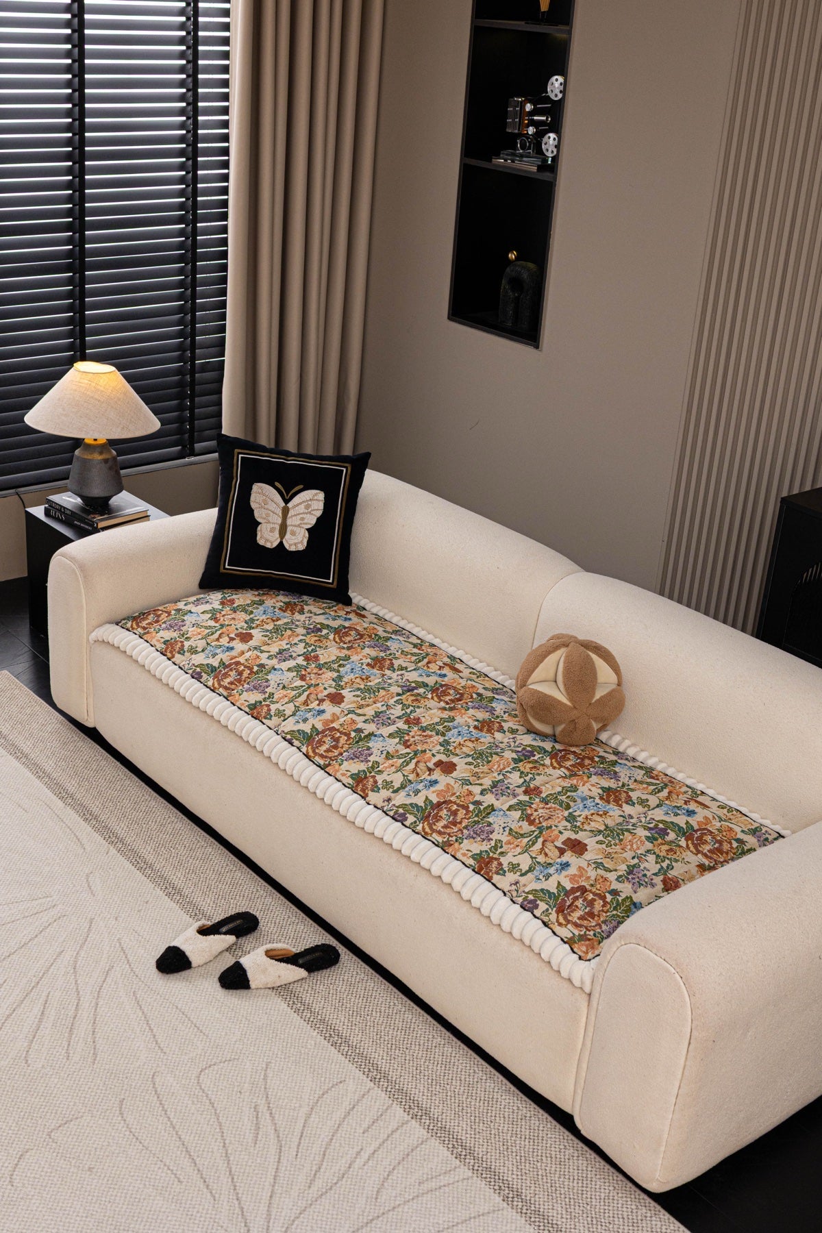 Decor Cedar Celeste Floral Jacquard Sofa Seat Cover in Ivory Garden Floral - front sofa fit view for floral sofa seat covers in United States