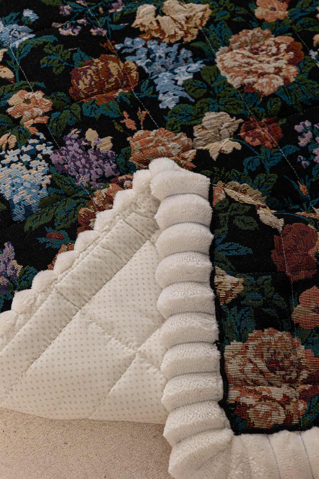 Decor Cedar Celeste Floral Jacquard Sofa Seat Cover in Midnight Garden Floral - raised edge fit detail for floral sofa seat covers in United States