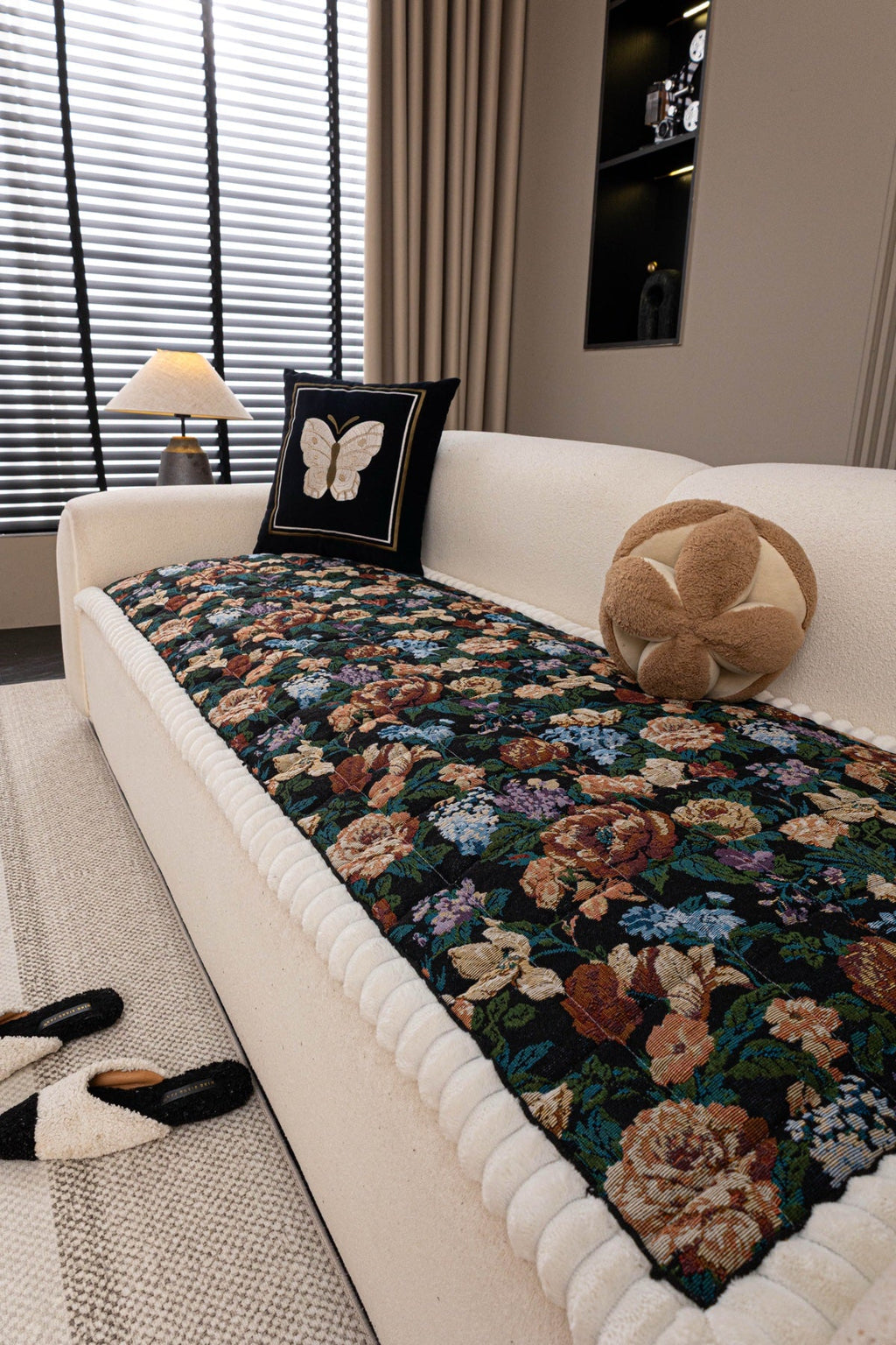 Decor Cedar Celeste Floral Jacquard Sofa Seat Cover in Midnight Garden Floral - styled sofa seat cover for floral sofa seat covers in United States