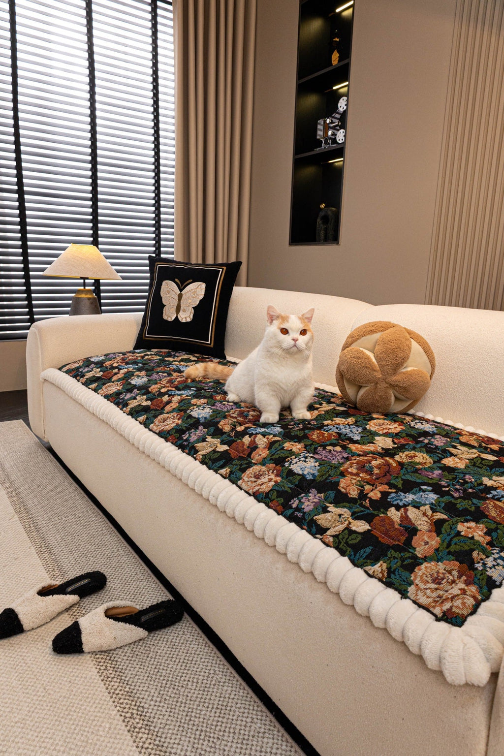 Decor Cedar Celeste Floral Jacquard Sofa Seat Cover in Midnight Garden Floral - pet-friendly sofa styling for floral sofa seat covers in United States