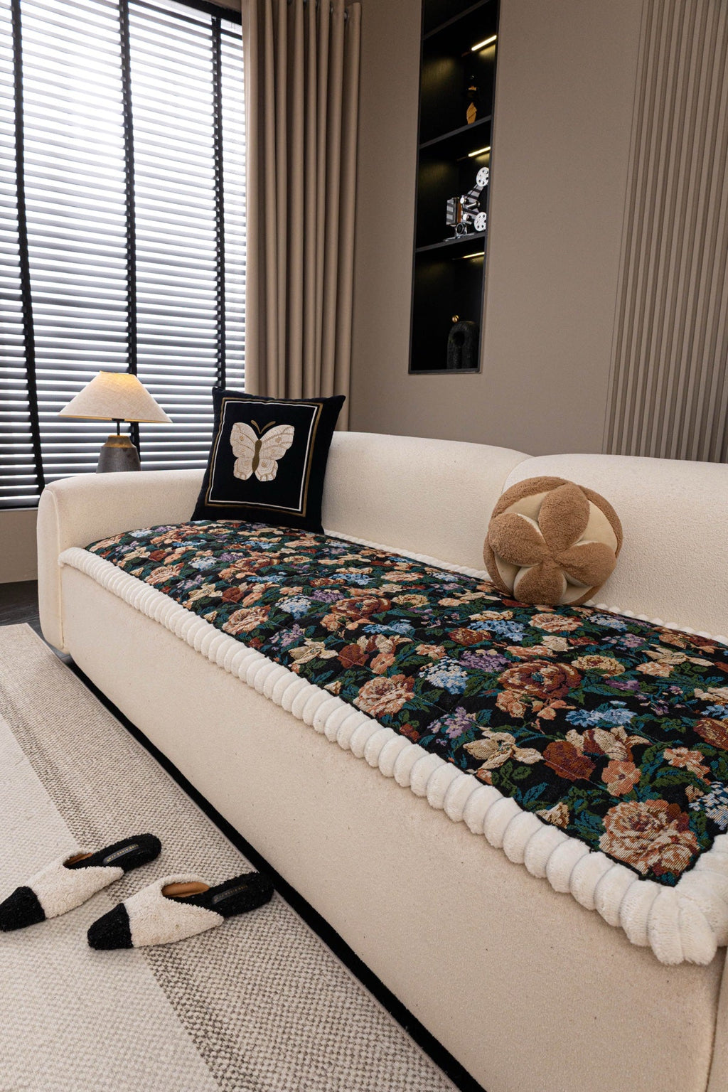 Decor Cedar Celeste Floral Jacquard Sofa Seat Cover in Midnight Garden Floral - styled sofa seat cover for floral sofa seat covers in United States