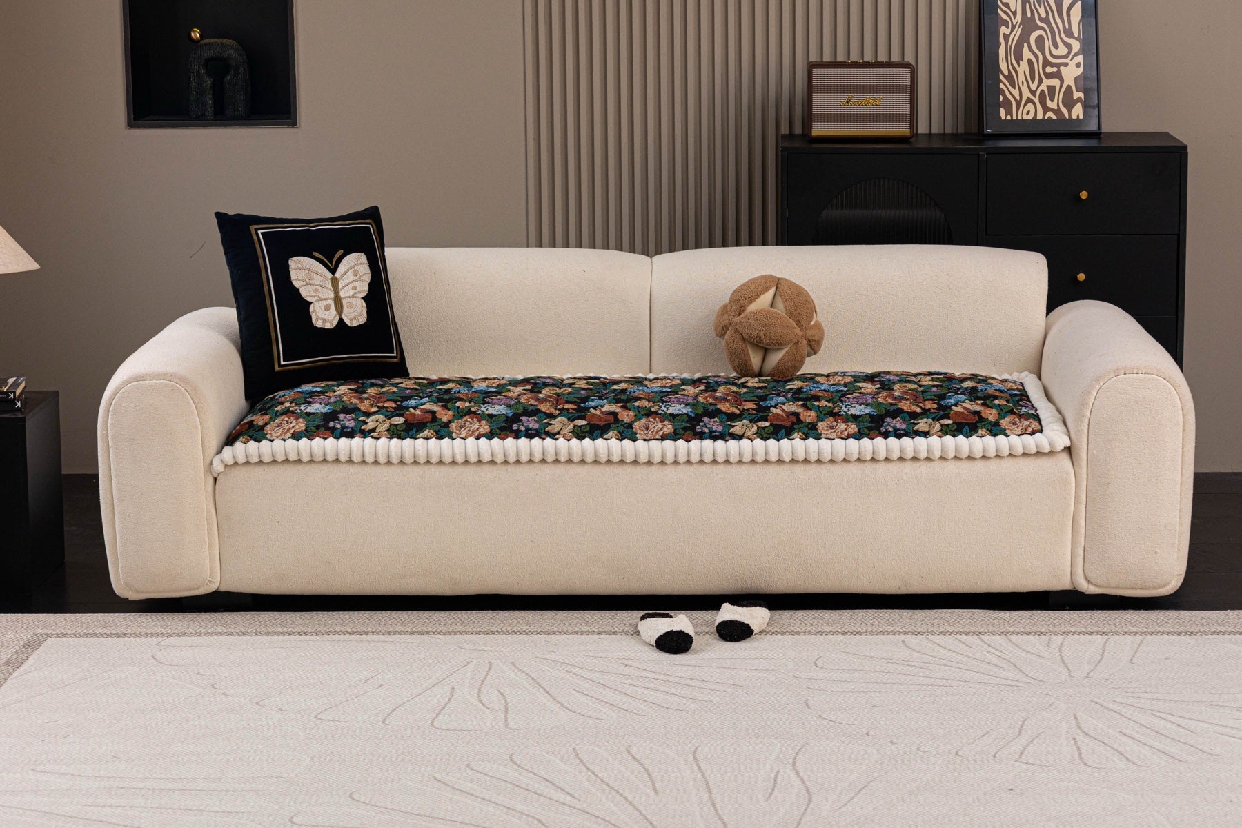 Decor Cedar Celeste Floral Jacquard Sofa Seat Cover in Midnight Garden Floral - front sofa fit view for floral sofa seat covers in United States
