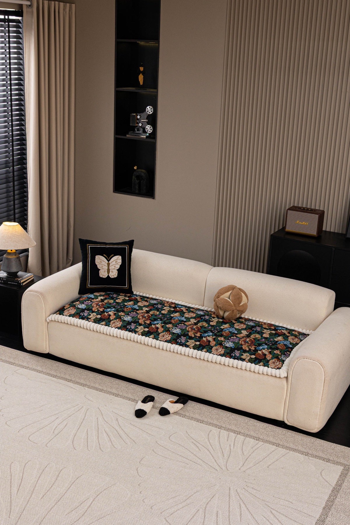 Decor Cedar Celeste Floral Jacquard Sofa Seat Cover in Midnight Garden Floral - front sofa fit view for floral sofa seat covers in United States