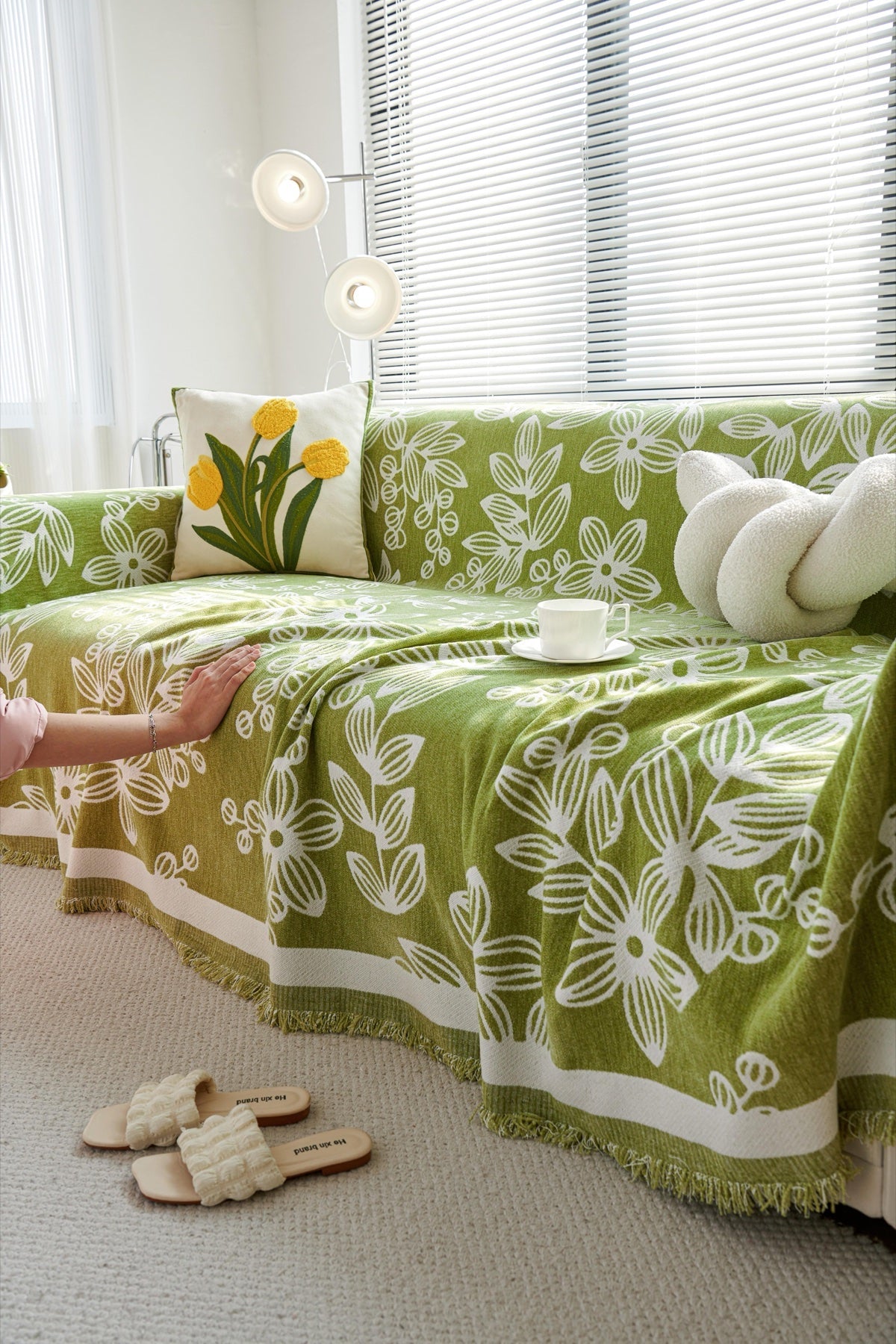 Decor Cedar Celia Floral Vine Fringe Sofa Throw Cover in Apple Green - floral vine sofa throw cover styled couch cover in United States, image 28