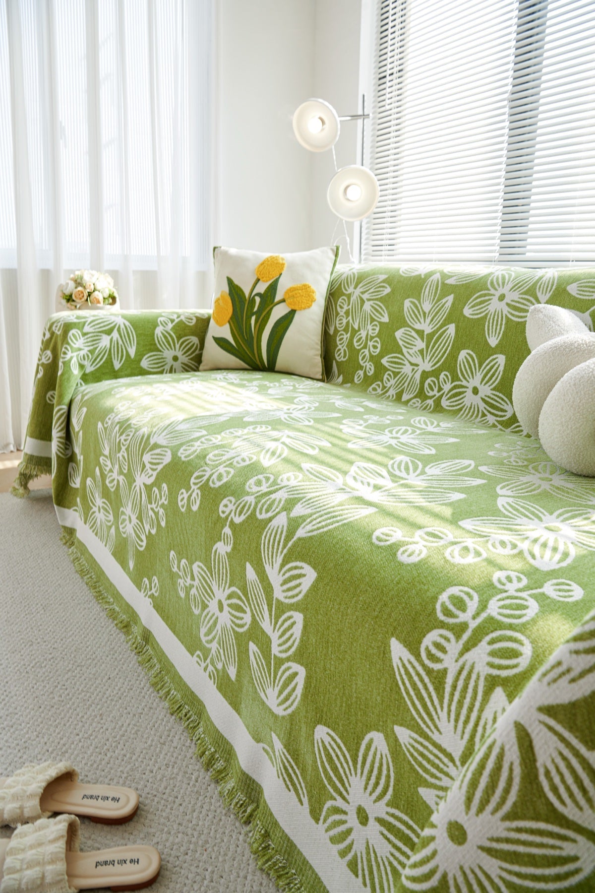 Decor Cedar Celia Floral Vine Fringe Sofa Throw Cover in Apple Green - floral vine sofa throw cover styled couch cover in United States, image 31