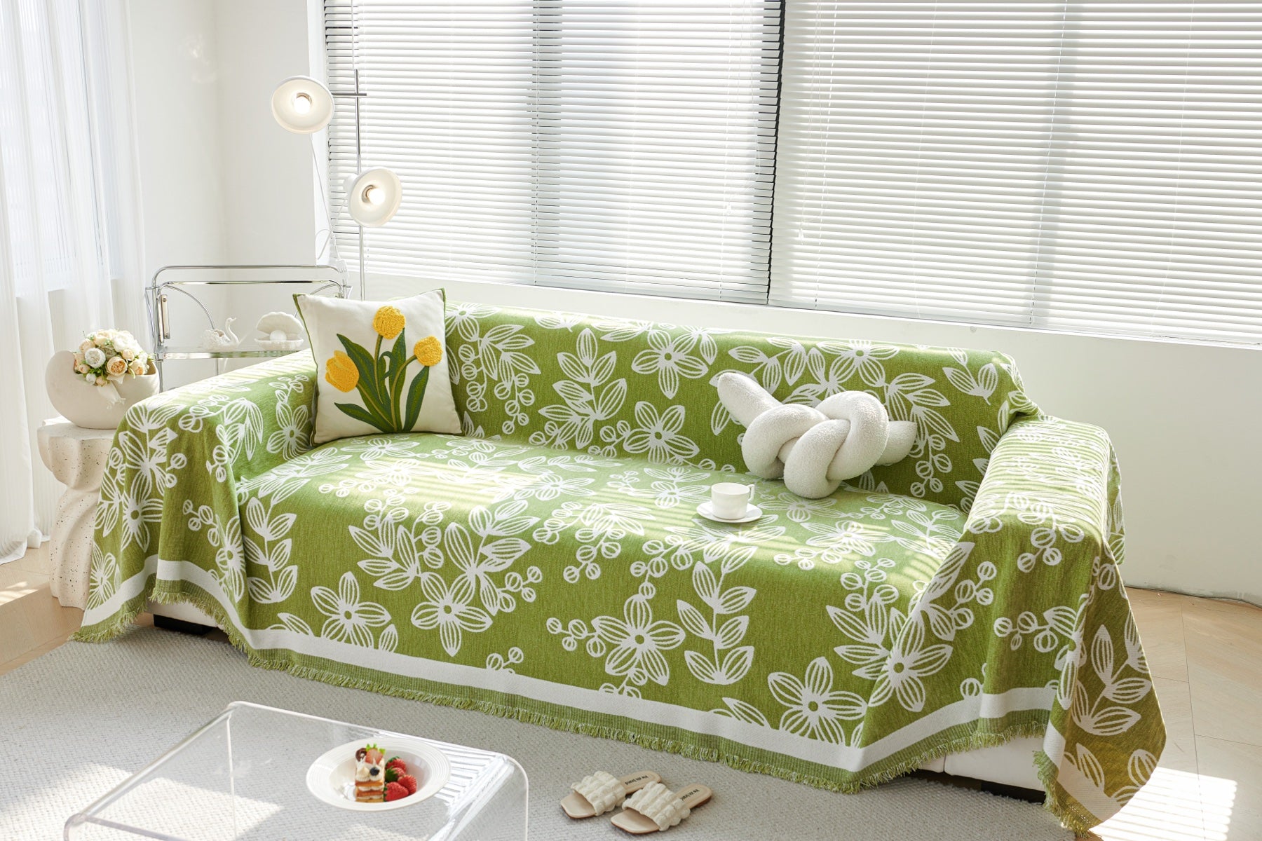 Decor Cedar Celia Floral Vine Fringe Sofa Throw Cover in Apple Green - floral vine sofa throw cover full sofa styling in United States, image 32