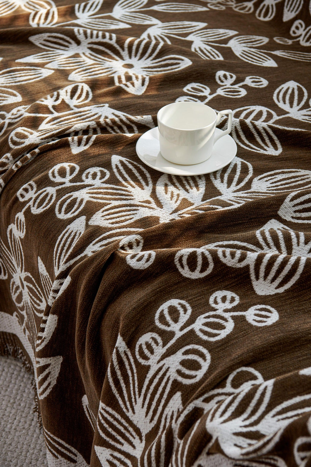 Decor Cedar Celia Floral Vine Fringe Sofa Throw Cover in Cocoa Vine - floral vine sofa throw cover fabric and edge detail in United States, image 1