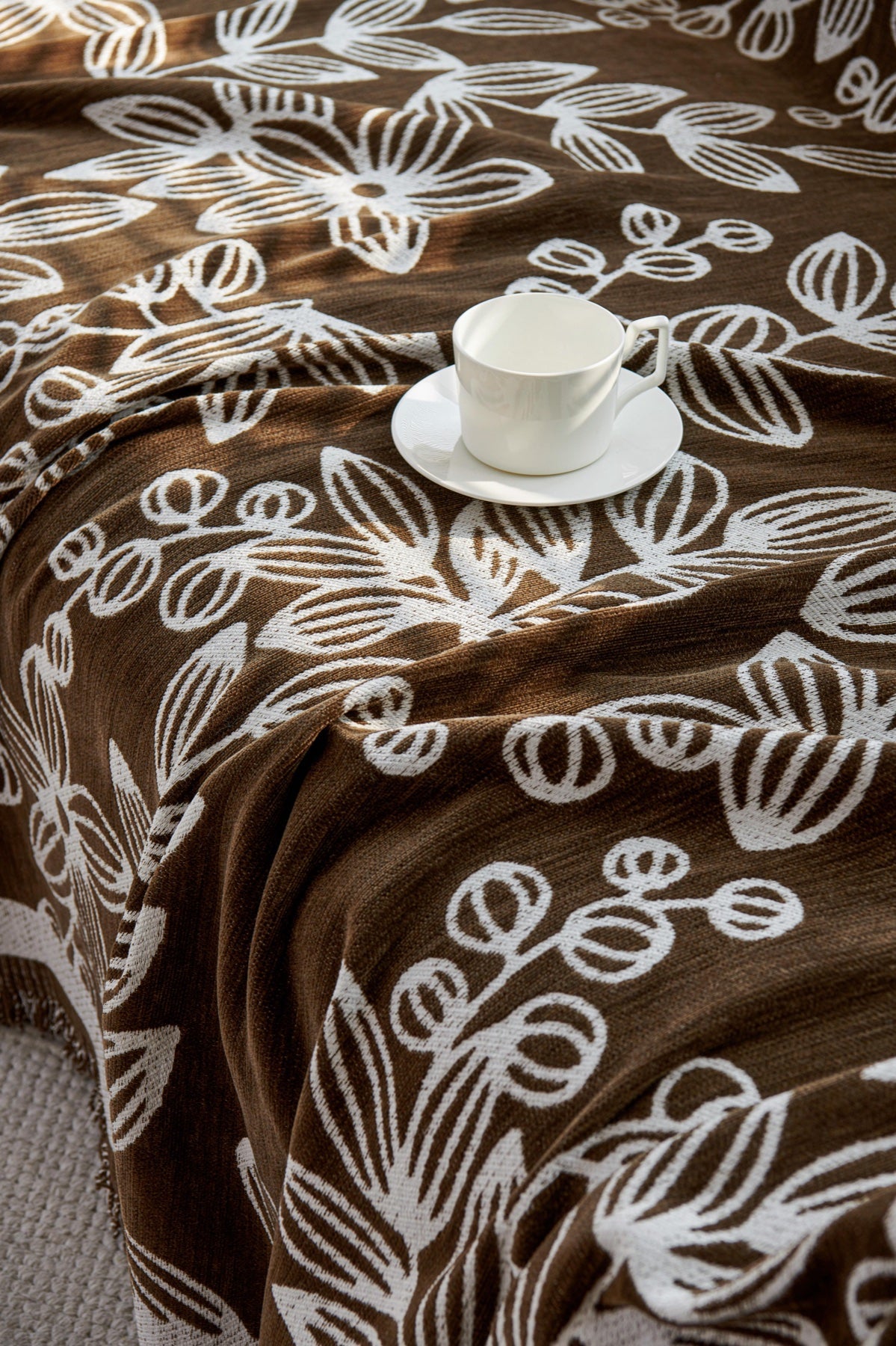 Decor Cedar Celia Floral Vine Fringe Sofa Throw Cover in Cocoa Vine - floral vine sofa throw cover fabric and edge detail in United States, image 1