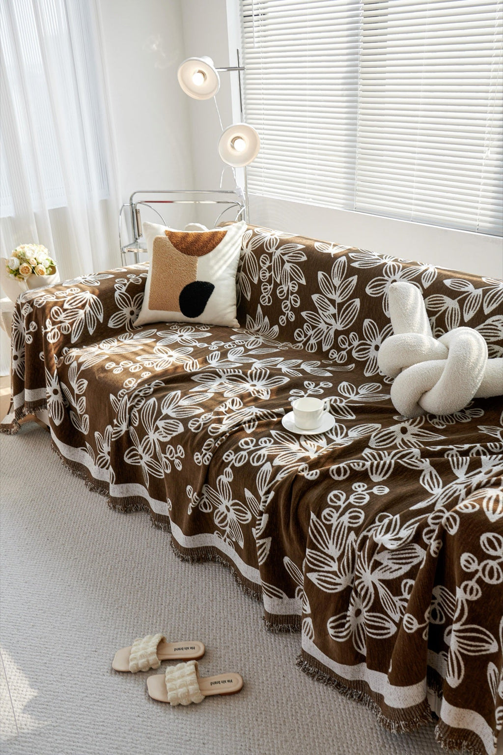Decor Cedar Celia Floral Vine Fringe Sofa Throw Cover in Cocoa Vine - floral vine sofa throw cover styled couch cover in United States, image 2