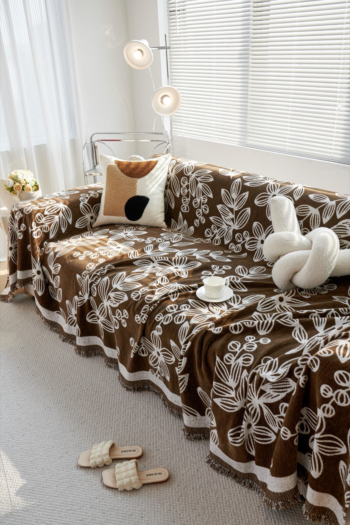 Decor Cedar Celia Floral Vine Fringe Sofa Throw Cover in Cocoa Vine - floral vine sofa throw cover styled couch cover in United States, image 2