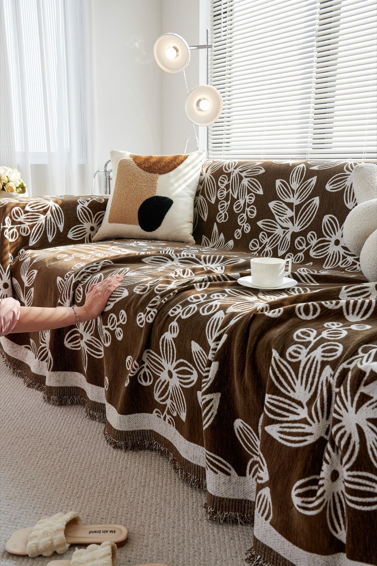 Decor Cedar Celia Floral Vine Fringe Sofa Throw Cover in Cocoa Vine - floral vine sofa throw cover styled couch cover in United States, image 3
