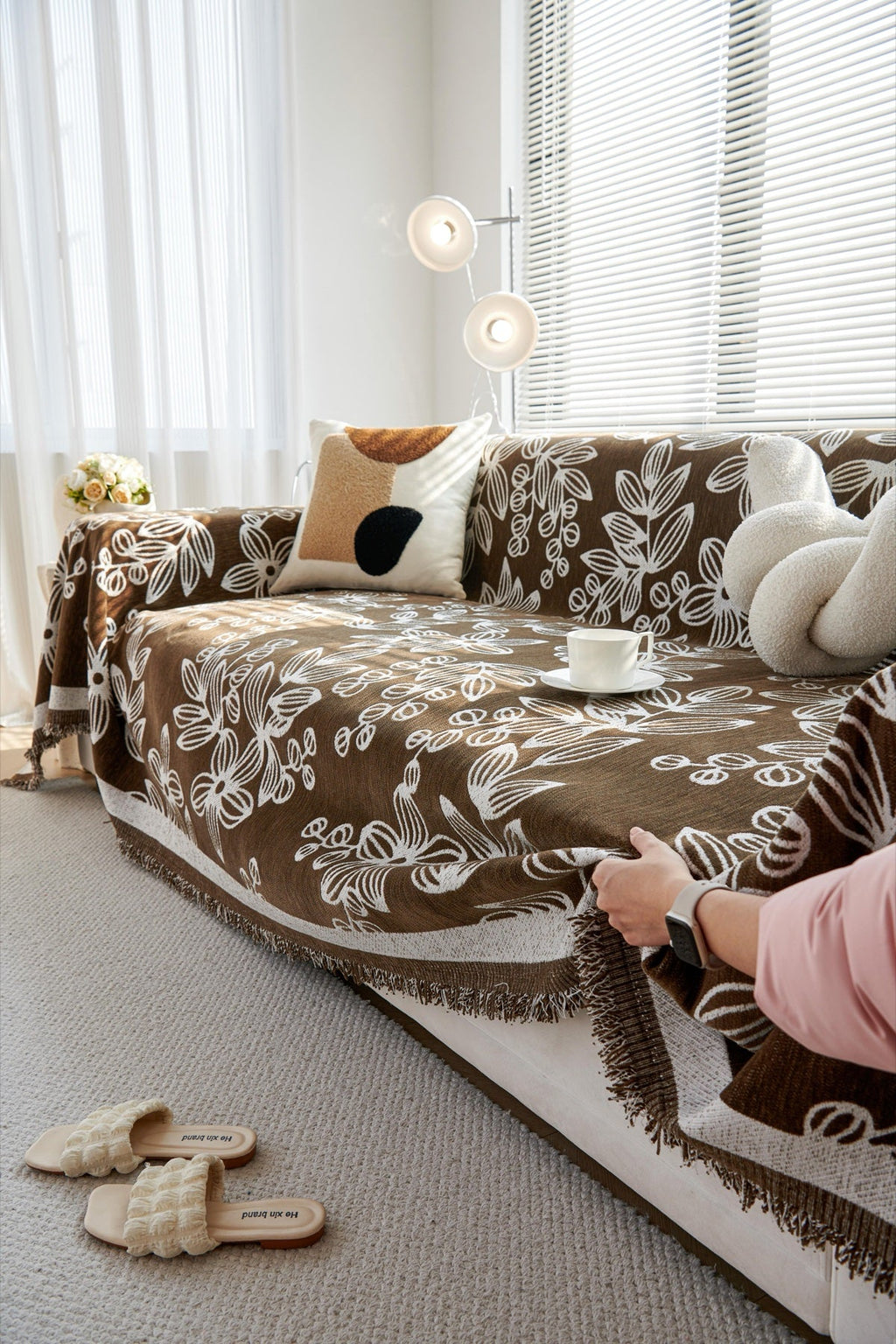 Decor Cedar Celia Floral Vine Fringe Sofa Throw Cover in Cocoa Vine - floral vine sofa throw cover styled couch cover in United States, image 4