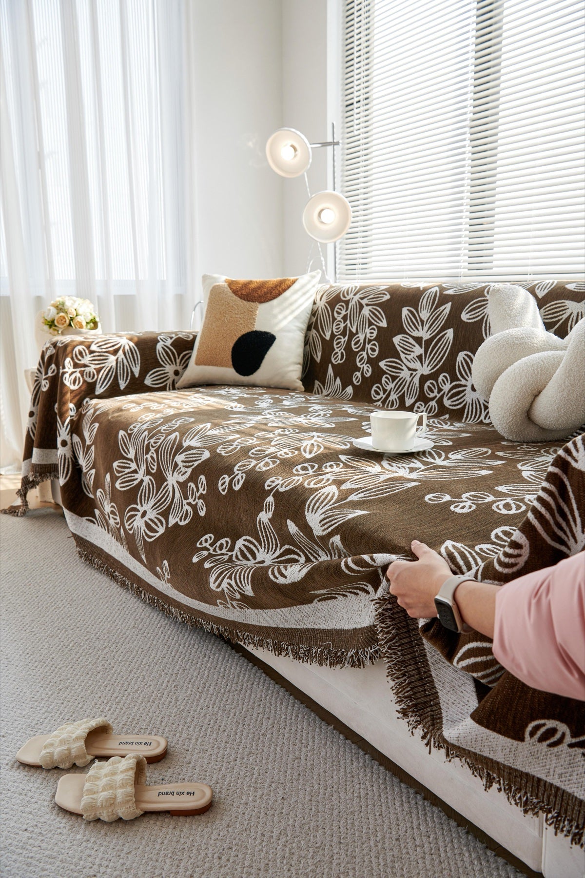 Decor Cedar Celia Floral Vine Fringe Sofa Throw Cover in Cocoa Vine - floral vine sofa throw cover styled couch cover in United States, image 4