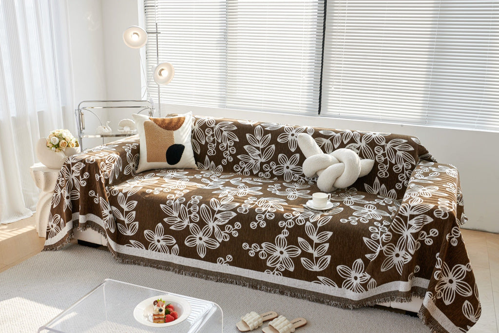 Decor Cedar Celia Floral Vine Fringe Sofa Throw Cover in Cocoa Vine - floral vine sofa throw cover styled couch cover in United States, image 5