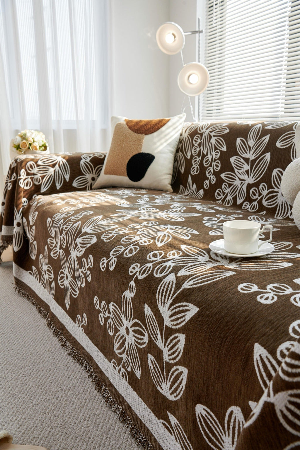 Decor Cedar Celia Floral Vine Fringe Sofa Throw Cover in Cocoa Vine - floral vine sofa throw cover styled couch cover in United States, image 7