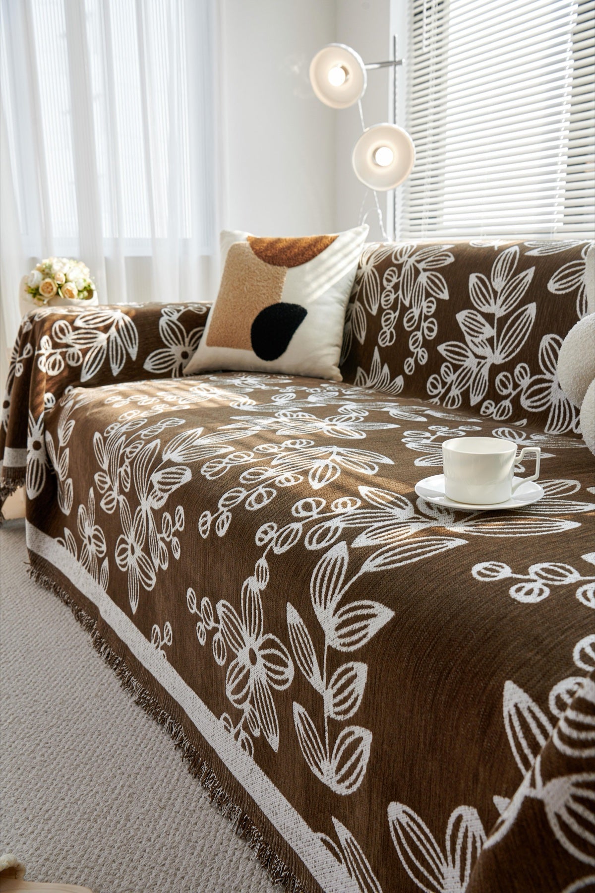 Decor Cedar Celia Floral Vine Fringe Sofa Throw Cover in Cocoa Vine - floral vine sofa throw cover styled couch cover in United States, image 7