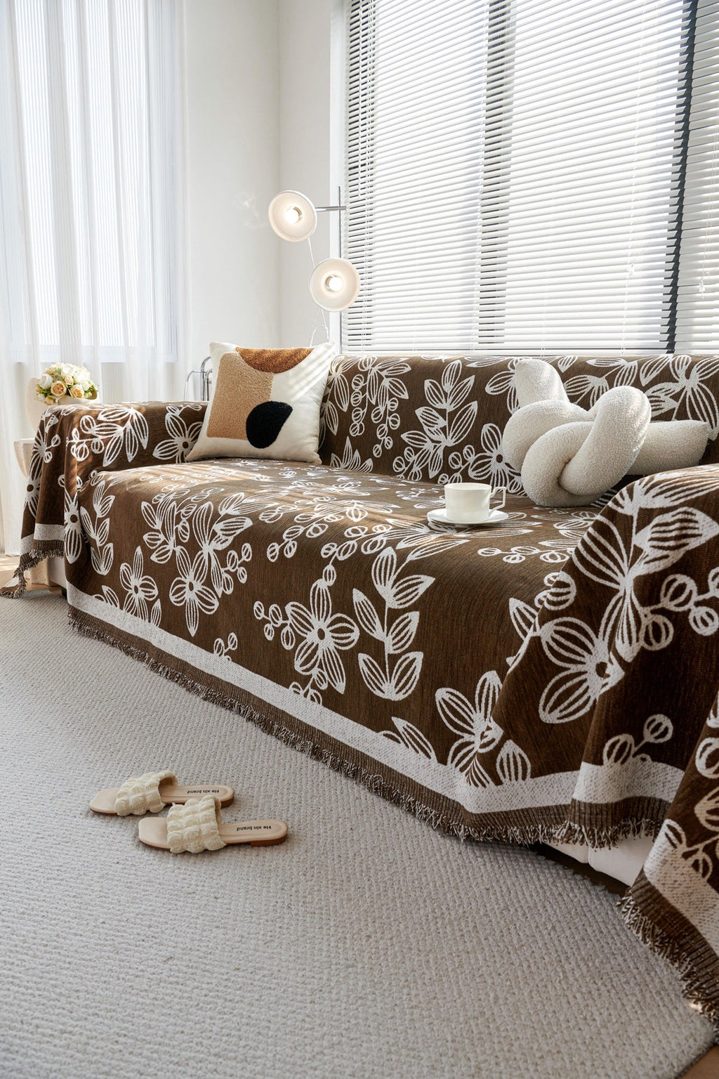 Decor Cedar Celia Floral Vine Fringe Sofa Throw Cover in Cocoa Vine - floral vine sofa throw cover styled couch cover in United States, image 8