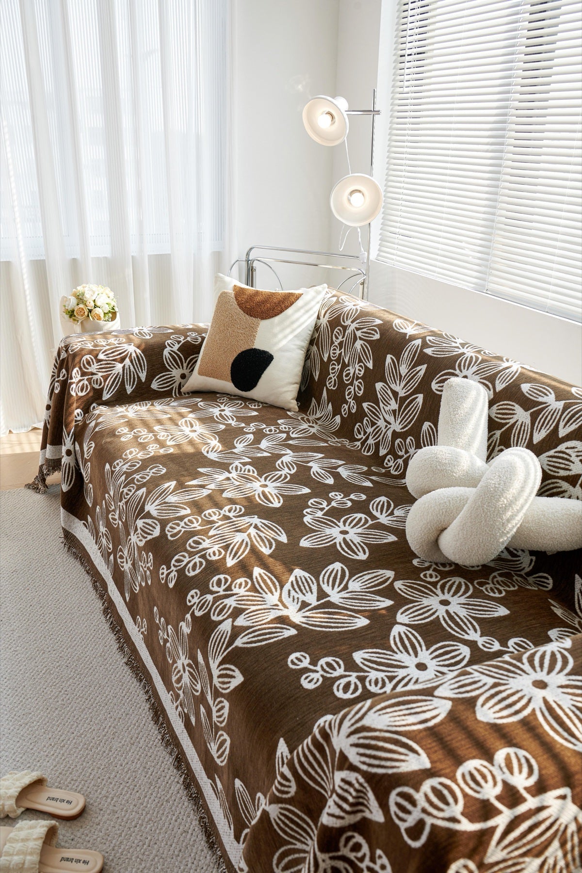 Decor Cedar Celia Floral Vine Fringe Sofa Throw Cover in Cocoa Vine - floral vine sofa throw cover styled couch cover in United States, image 9