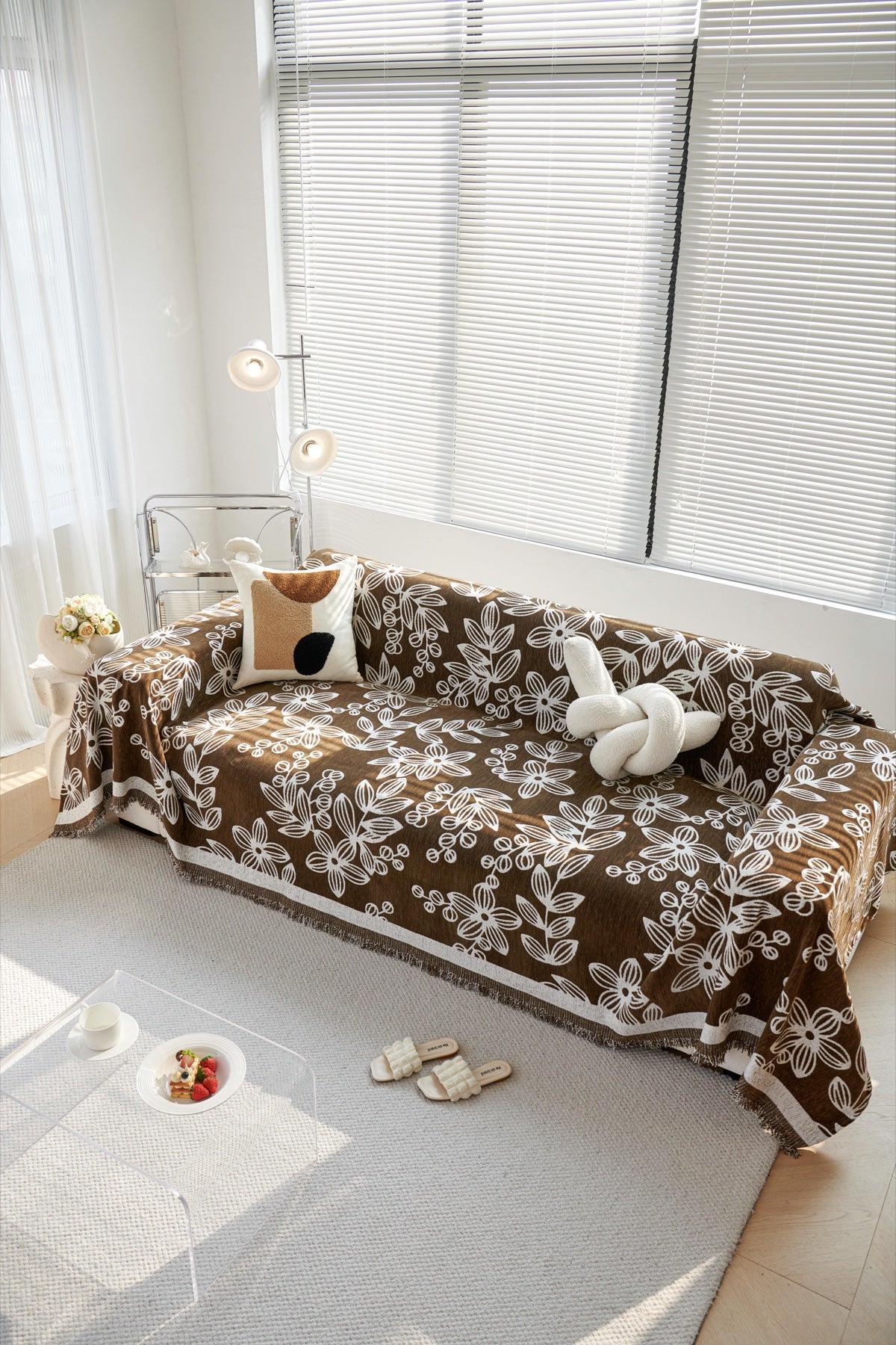 Decor Cedar Celia Floral Vine Fringe Sofa Throw Cover in Cocoa Vine - floral vine sofa throw cover styled couch cover in United States, image 10