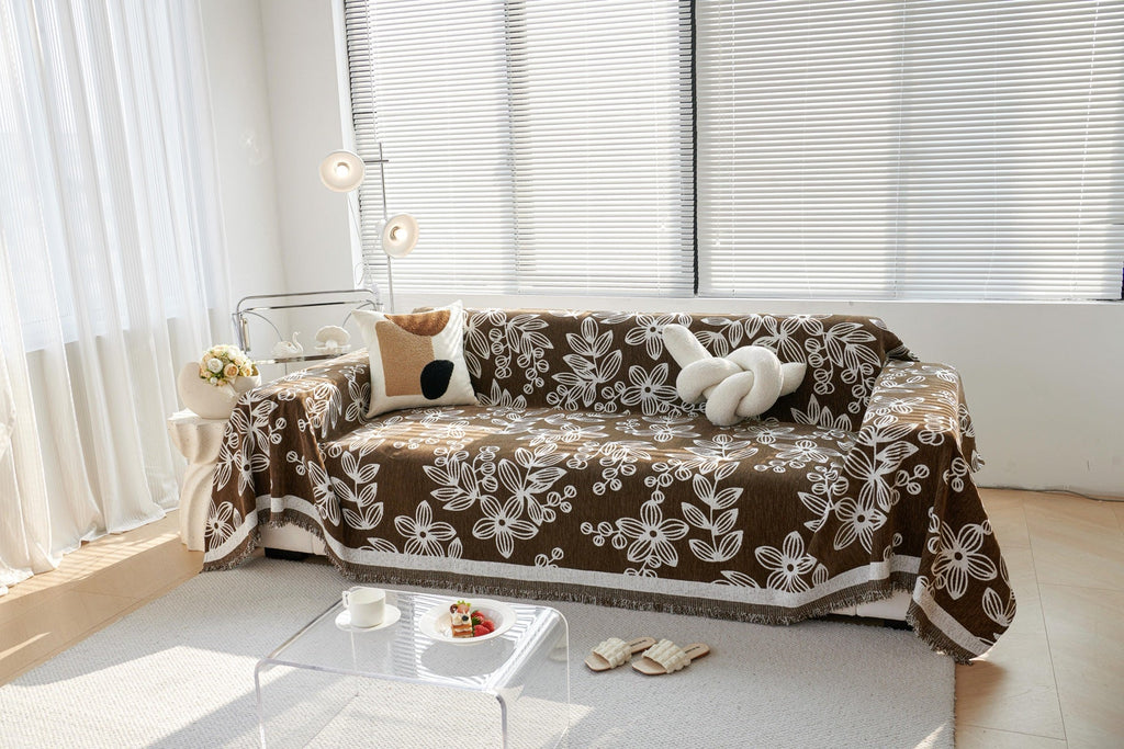 Decor Cedar Celia Floral Vine Fringe Sofa Throw Cover in Cocoa Vine - floral vine sofa throw cover styled couch cover in United States, image 11
