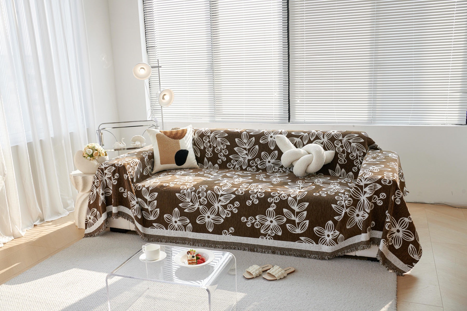 Decor Cedar Celia Floral Vine Fringe Sofa Throw Cover in Cocoa Vine - floral vine sofa throw cover styled couch cover in United States, image 11