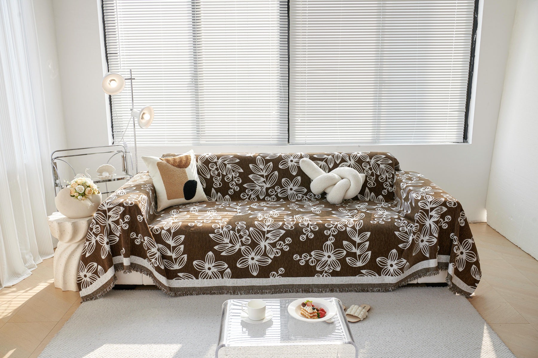 Decor Cedar Celia Floral Vine Fringe Sofa Throw Cover in Cocoa Vine - floral vine sofa throw cover styled couch cover in United States, image 13