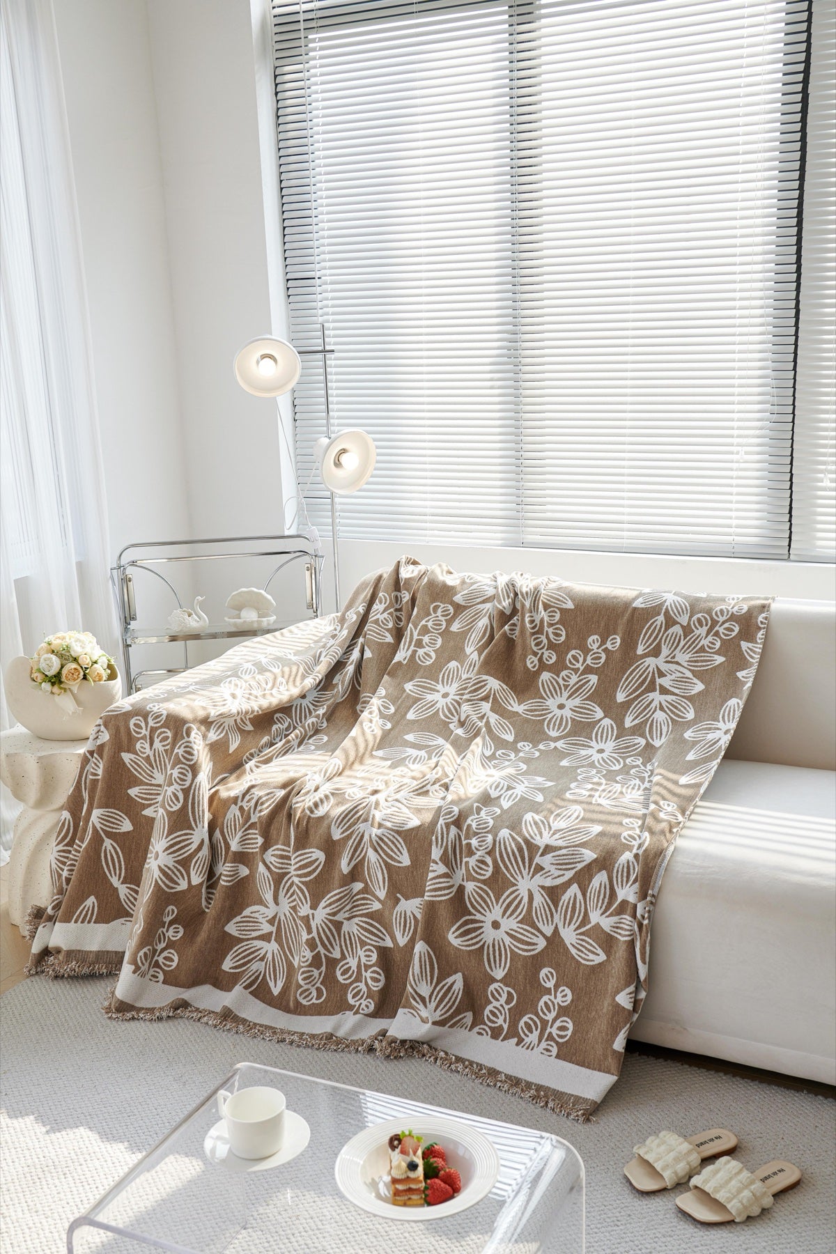 Decor Cedar Celia Floral Vine Fringe Sofa Throw Cover in Cocoa Vine - floral vine sofa throw cover styled couch cover in United States, image 17