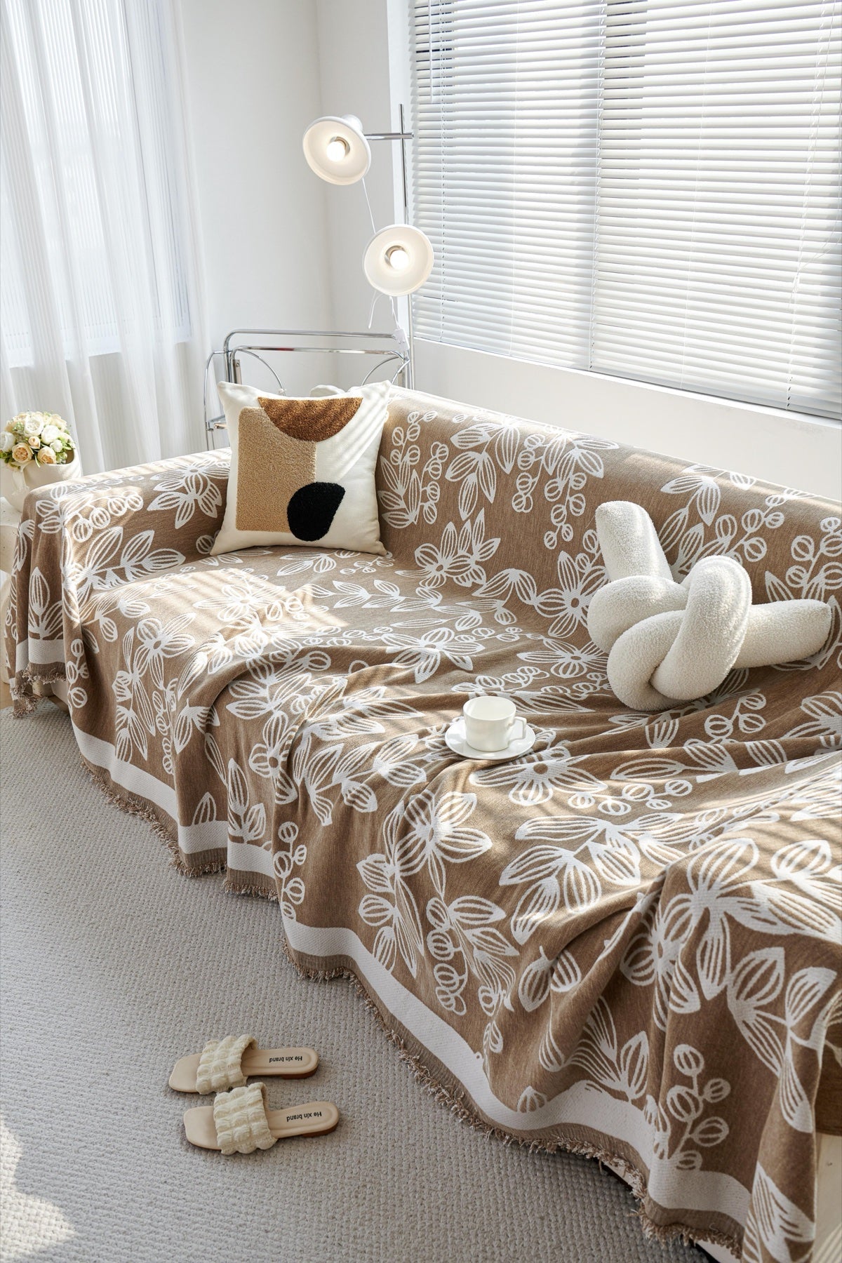 Decor Cedar Celia Floral Vine Fringe Sofa Throw Cover in Cocoa Vine - floral vine sofa throw cover styled couch cover in United States, image 18