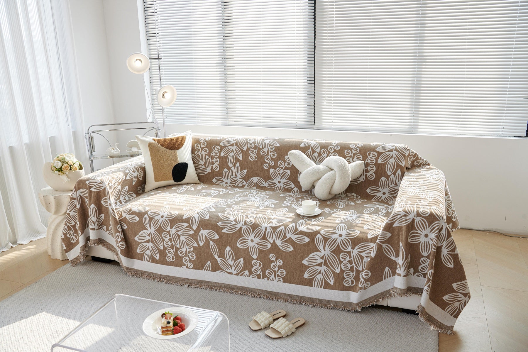 Decor Cedar Celia Floral Vine Fringe Sofa Throw Cover in Cocoa Vine - floral vine sofa throw cover full sofa styling in United States, image 20