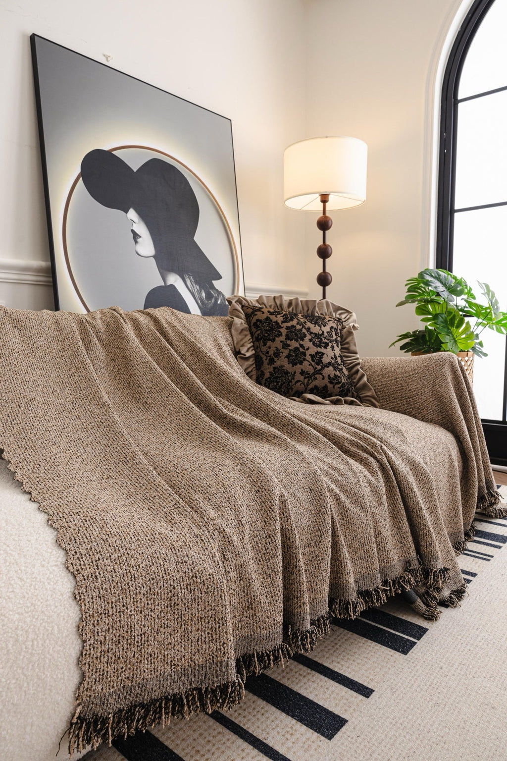 Decor Cedar Como Textured Boucle Fringe Sofa Throw Cover in Warm Taupe - textured boucle sofa throw cover styled couch cover in United States, image 7
