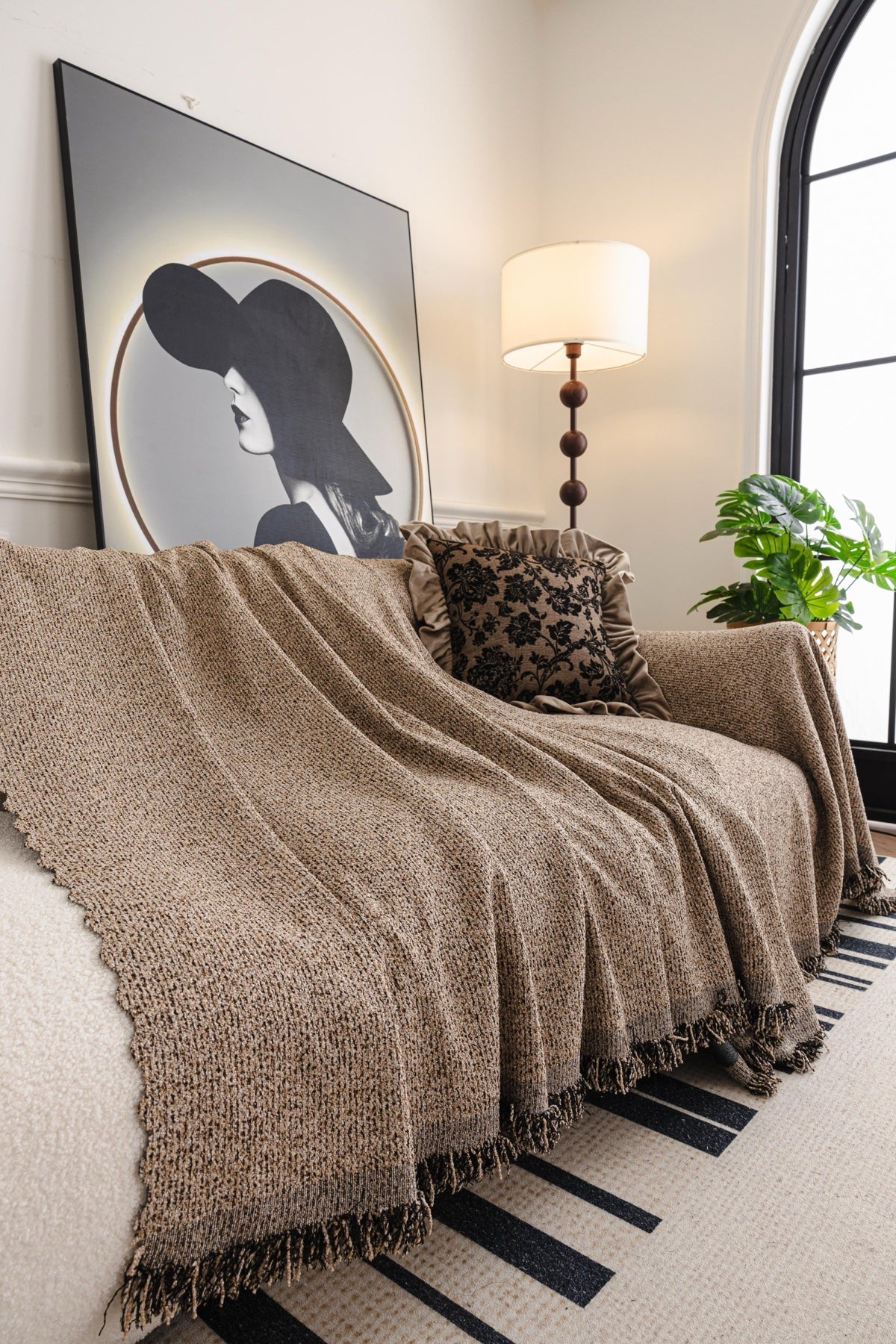 Decor Cedar Como Textured Boucle Fringe Sofa Throw Cover in Warm Taupe - textured boucle sofa throw cover styled couch cover in United States, image 7