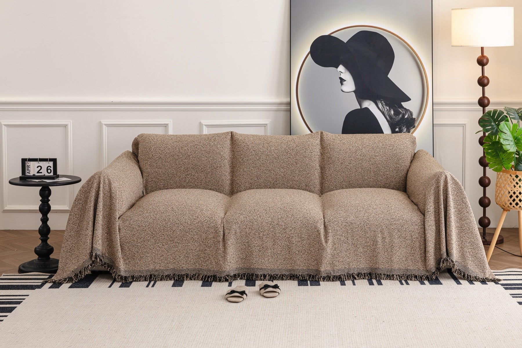 Decor Cedar Como Textured Boucle Fringe Sofa Throw Cover in Warm Taupe - textured boucle sofa throw cover full sofa styling in United States, image 9