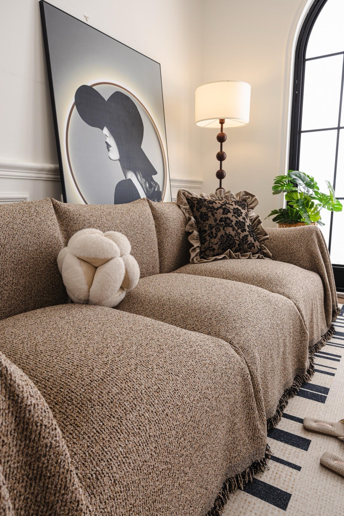 Decor Cedar Como Textured Boucle Fringe Sofa Throw Cover in Warm Taupe - textured boucle sofa throw cover styled couch cover in United States, image 13