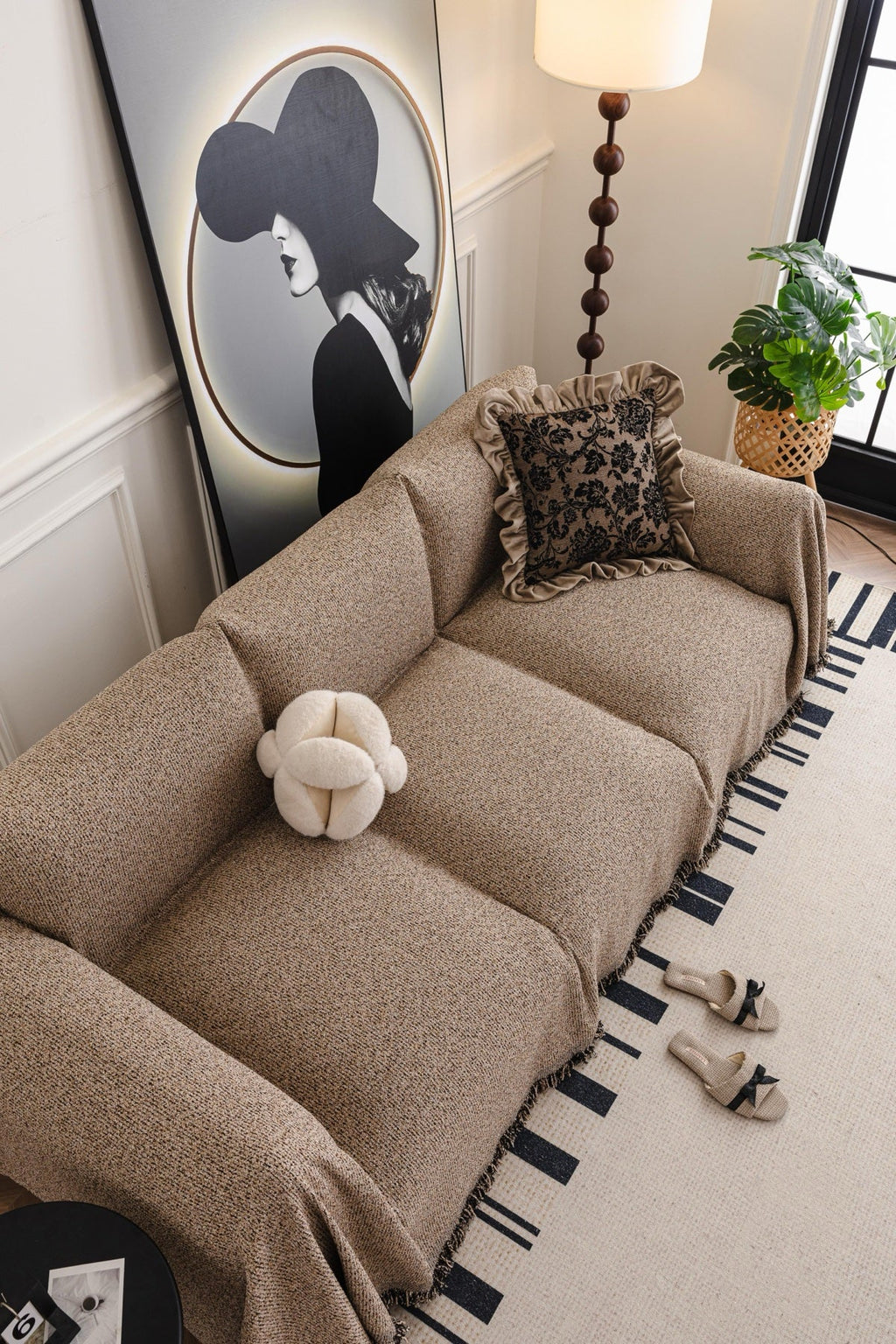 Decor Cedar Como Textured Boucle Fringe Sofa Throw Cover in Warm Taupe - textured boucle sofa throw cover styled couch cover in United States, image 14