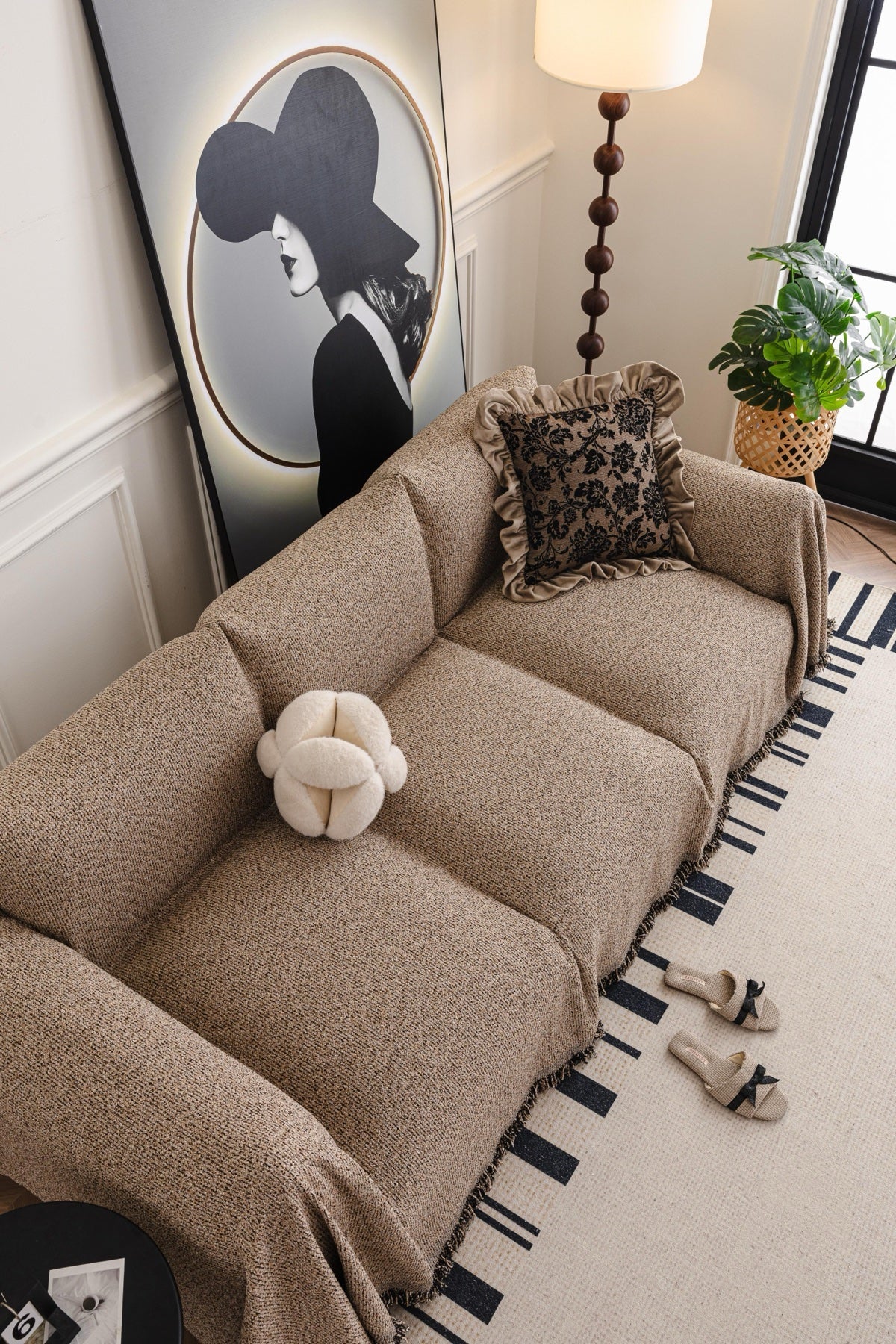 Decor Cedar Como Textured Boucle Fringe Sofa Throw Cover in Warm Taupe - textured boucle sofa throw cover styled couch cover in United States, image 14