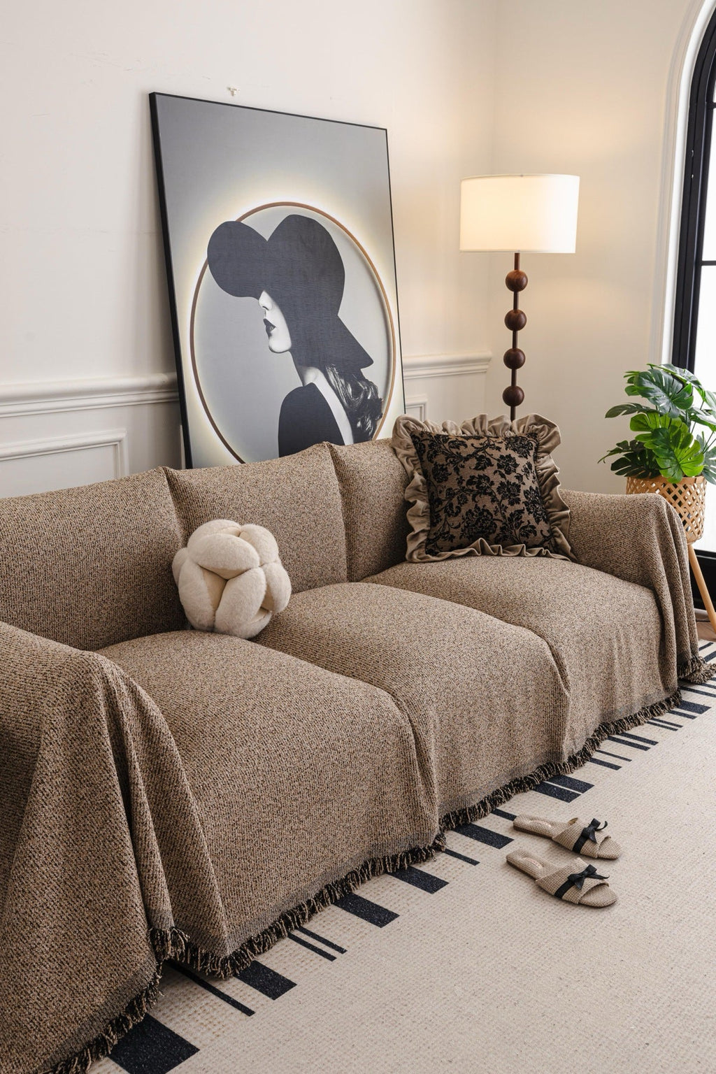 Decor Cedar Como Textured Boucle Fringe Sofa Throw Cover in Warm Taupe - textured boucle sofa throw cover styled couch cover in United States, image 15