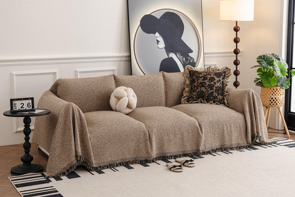 Decor Cedar Como Textured Boucle Fringe Sofa Throw Cover in Warm Taupe - textured boucle sofa throw cover full sofa styling in United States, image 16