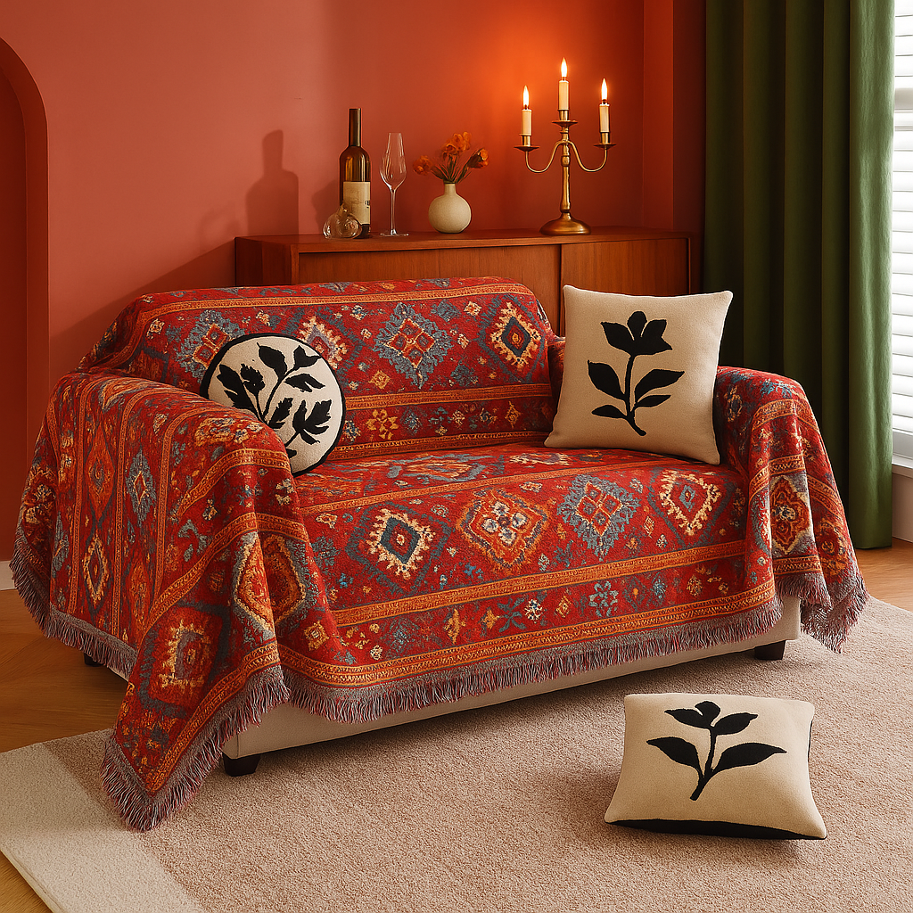 Decor Cedar Valencia Red Boho Sofa Cover lifestyle product image for boho sofa cover in United States