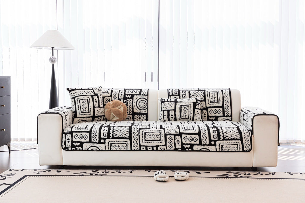 Decor Cedar Elara Geometric Plush Sofa Seat Cover in Black Ivory - lifestyle image for geometric plush couch cover pieces in United States