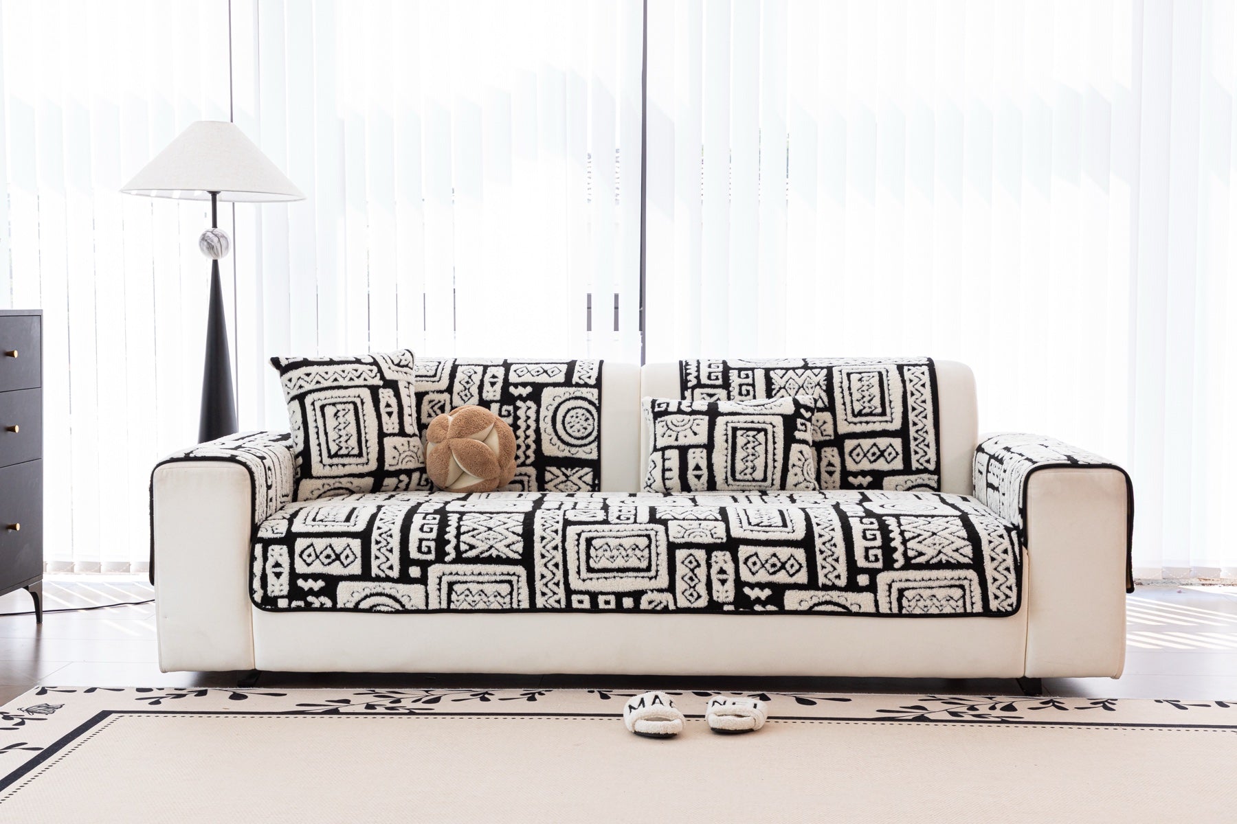 Decor Cedar Elara Geometric Plush Sofa Seat Cover in Black Ivory - lifestyle image for geometric plush couch cover pieces in United States