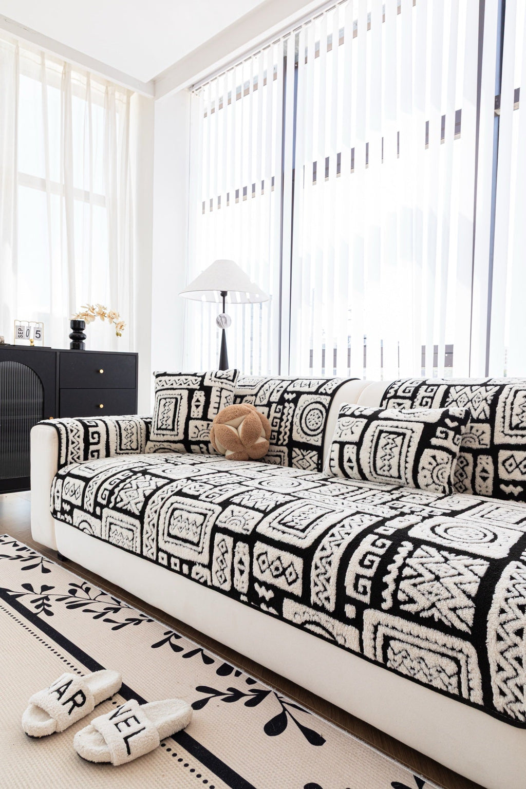 Decor Cedar Elara Geometric Plush Sofa Seat Cover in Black Ivory - detail image for geometric plush couch cover pieces in United States