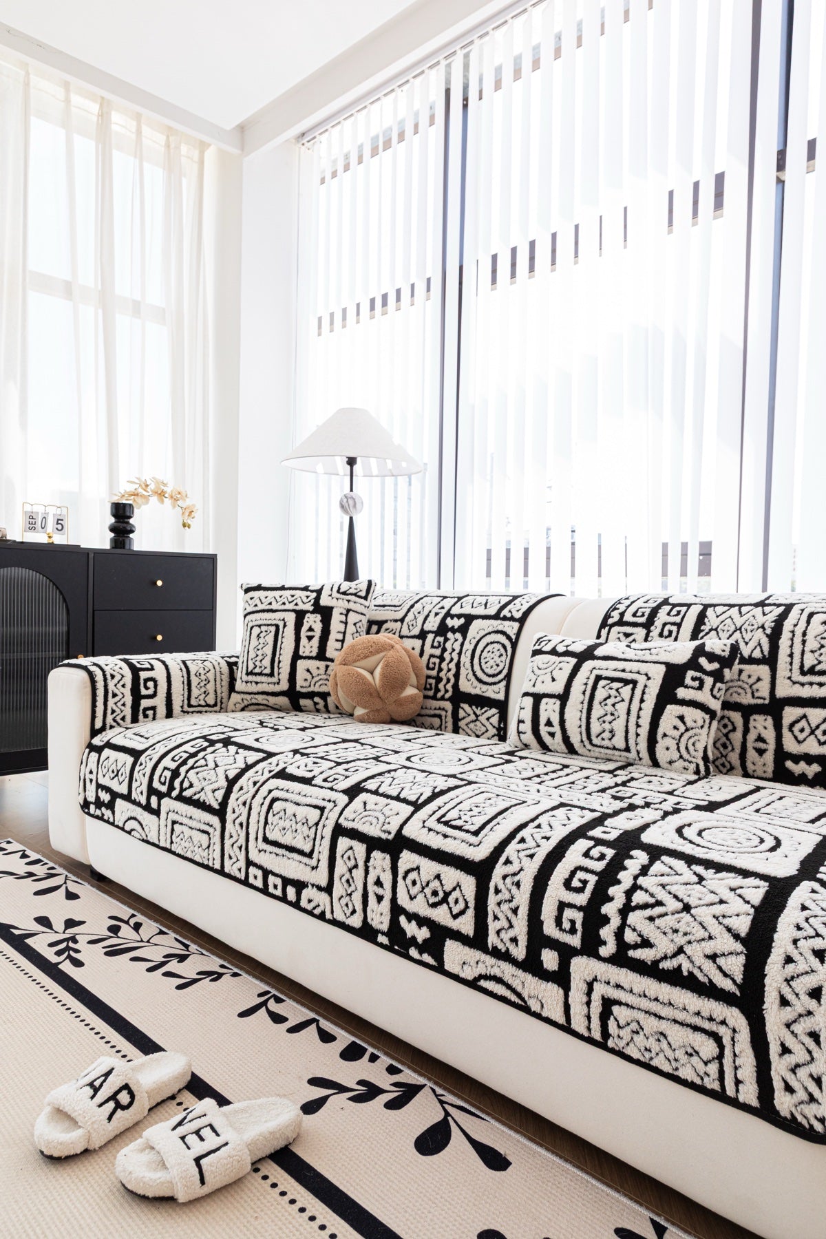 Decor Cedar Elara Geometric Plush Sofa Seat Cover in Black Ivory - detail image for geometric plush couch cover pieces in United States