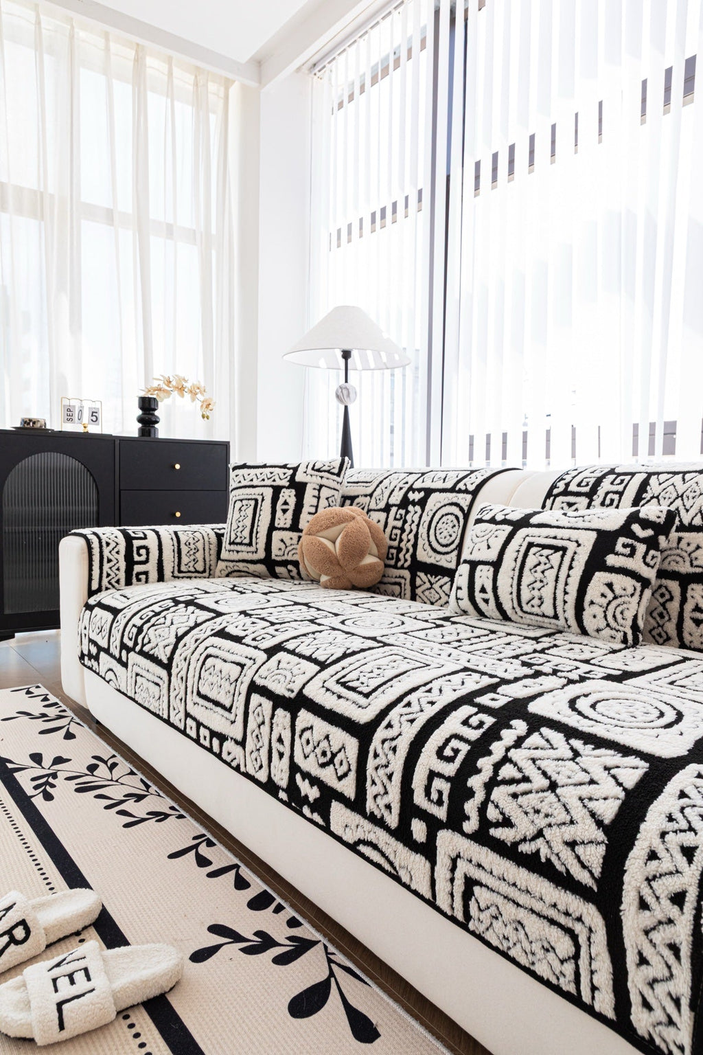 Decor Cedar Elara Geometric Plush Sofa Seat Cover in Black Ivory - detail image for geometric plush couch cover pieces in United States