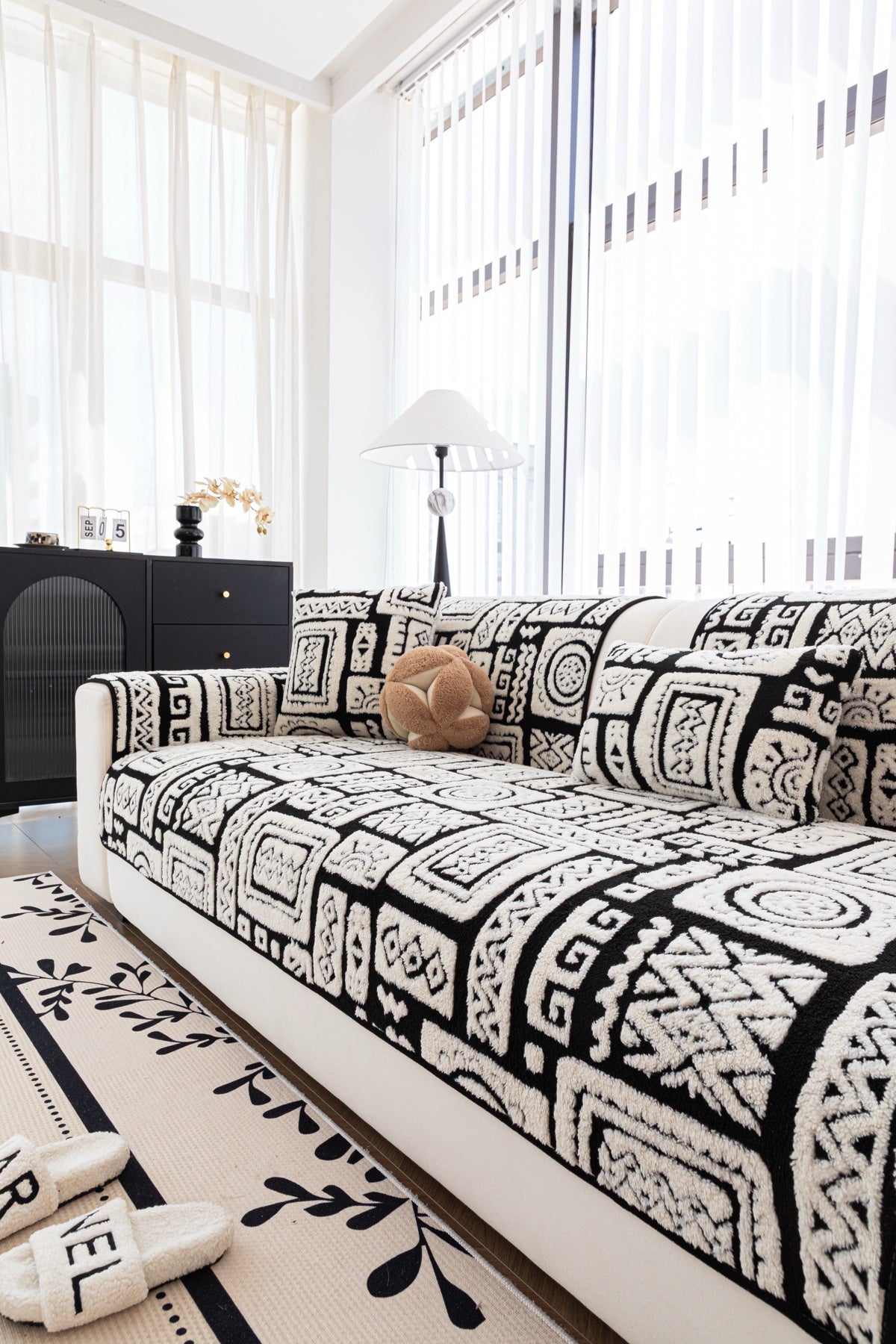 Decor Cedar Elara Geometric Plush Sofa Seat Cover in Black Ivory - detail image for geometric plush couch cover pieces in United States