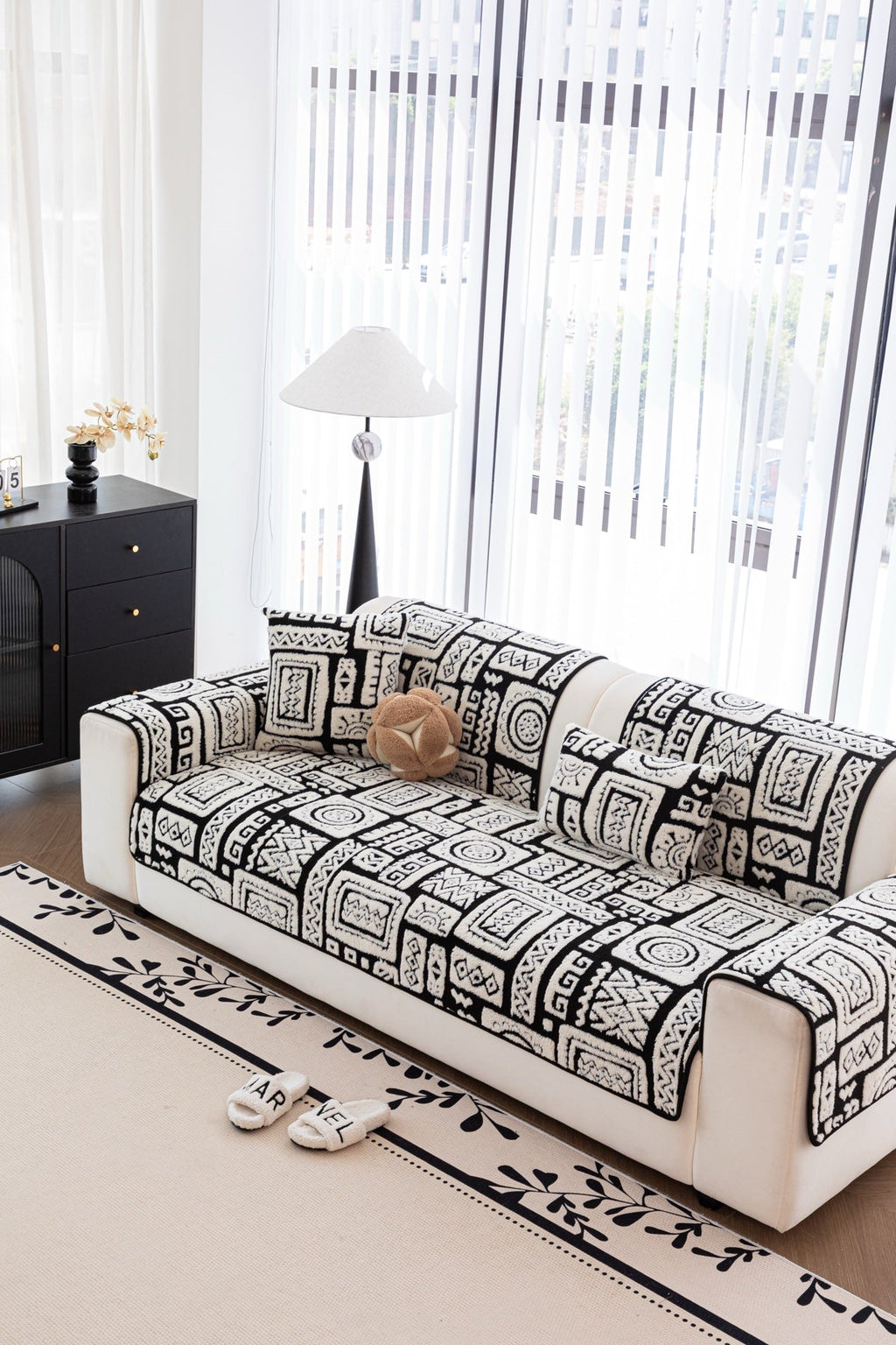 Decor Cedar Elara Geometric Plush Sofa Seat Cover in Black Ivory - detail image for geometric plush couch cover pieces in United States