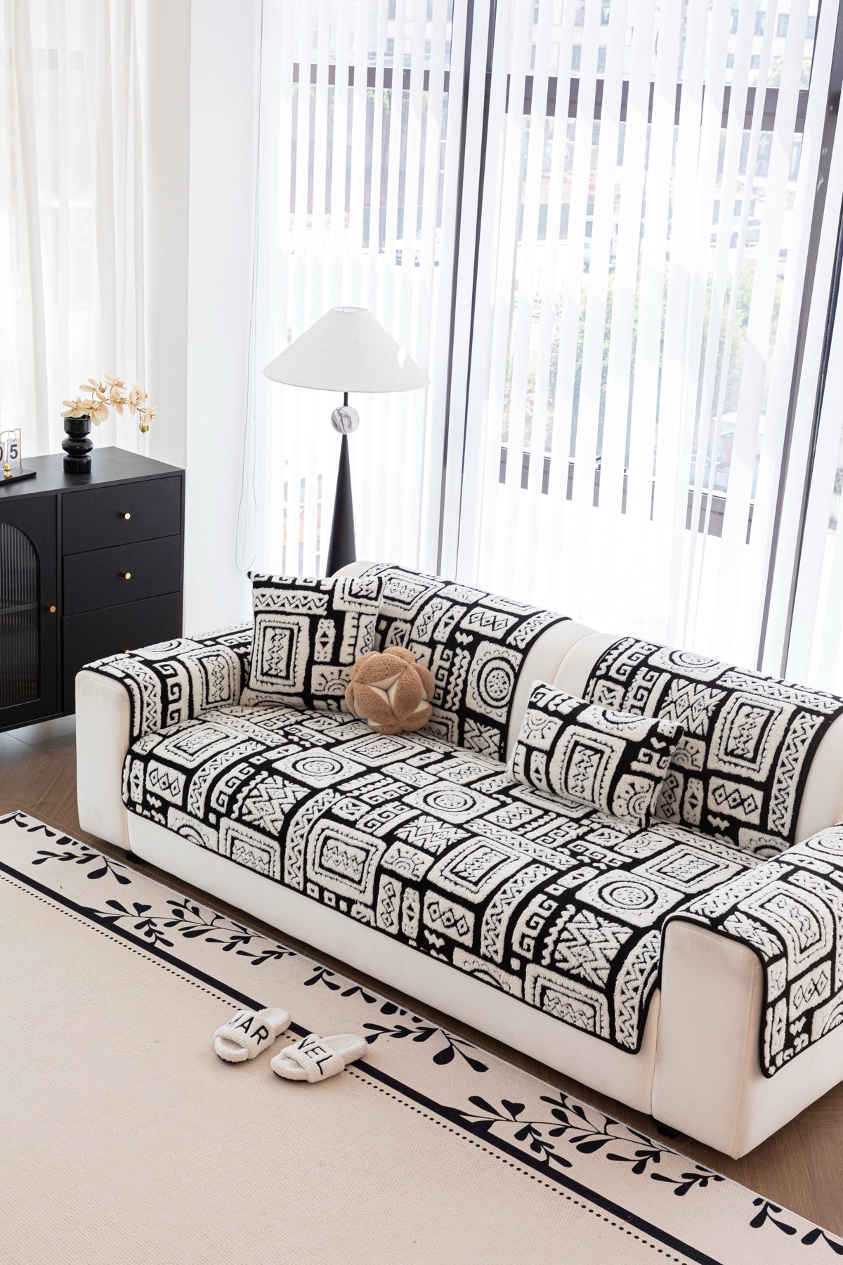 Decor Cedar Elara Geometric Plush Sofa Seat Cover in Black Ivory - detail image for geometric plush couch cover pieces in United States