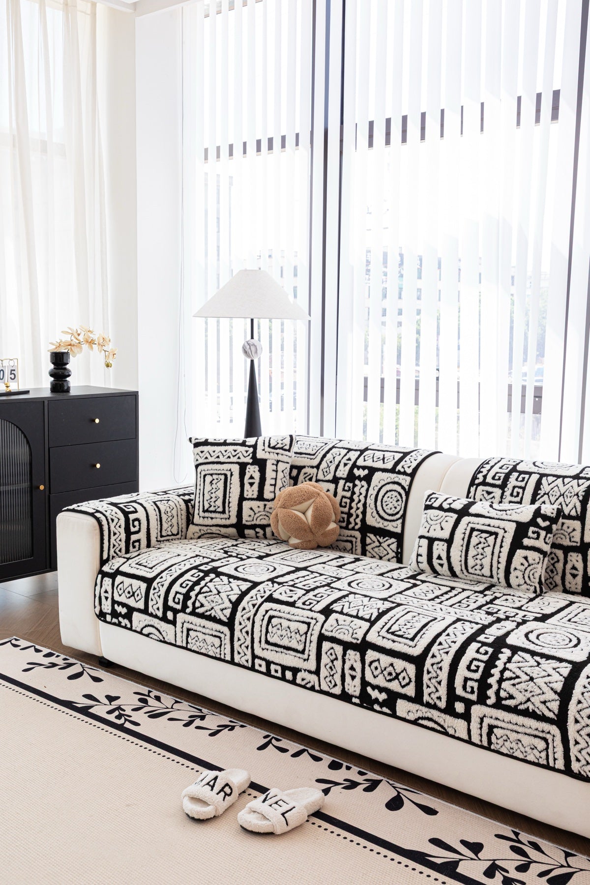 Decor Cedar Elara Geometric Plush Sofa Seat Cover in Black Ivory - detail image for geometric plush couch cover pieces in United States