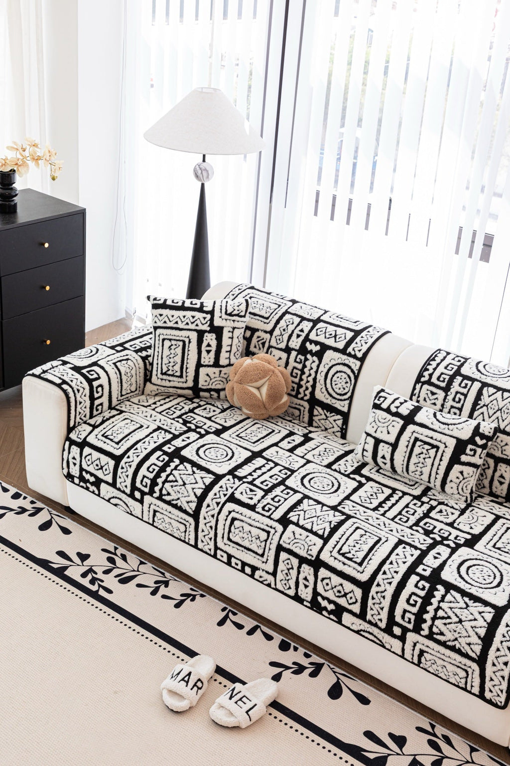 Decor Cedar Elara Geometric Plush Sofa Seat Cover in Black Ivory - detail image for geometric plush couch cover pieces in United States