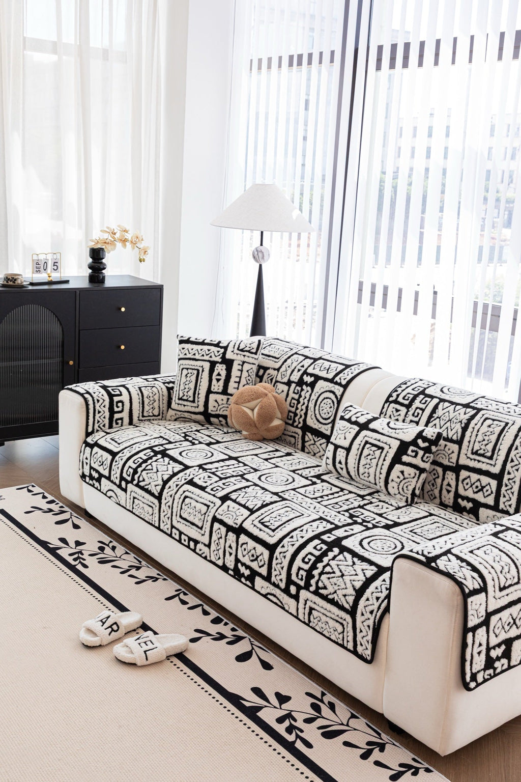 Decor Cedar Elara Geometric Plush Sofa Seat Cover in Black Ivory - detail image for geometric plush couch cover pieces in United States
